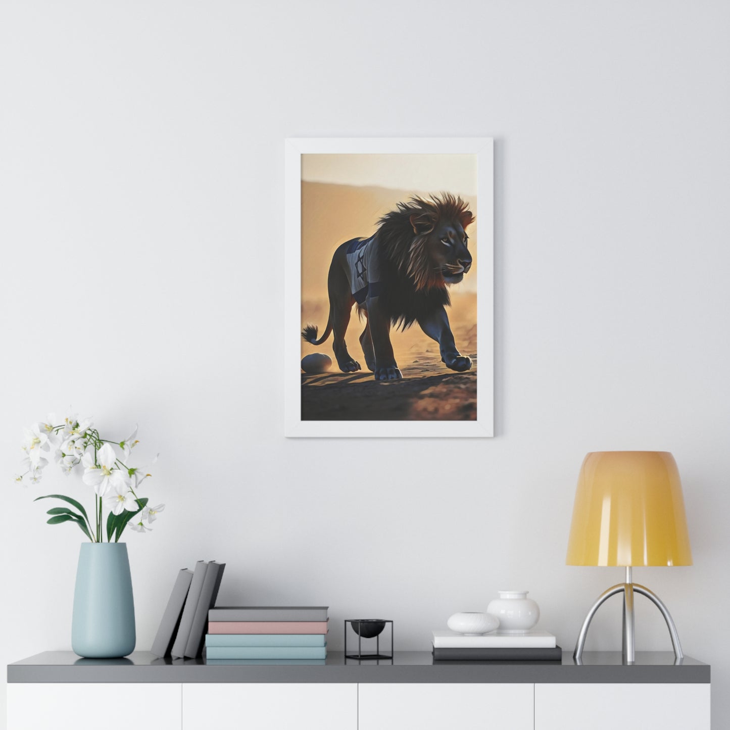 Artistic Framed Poster: Israeli Flag Lion in the Desert, "Lion of Judah: Strength of a Nation" Chaia Malana