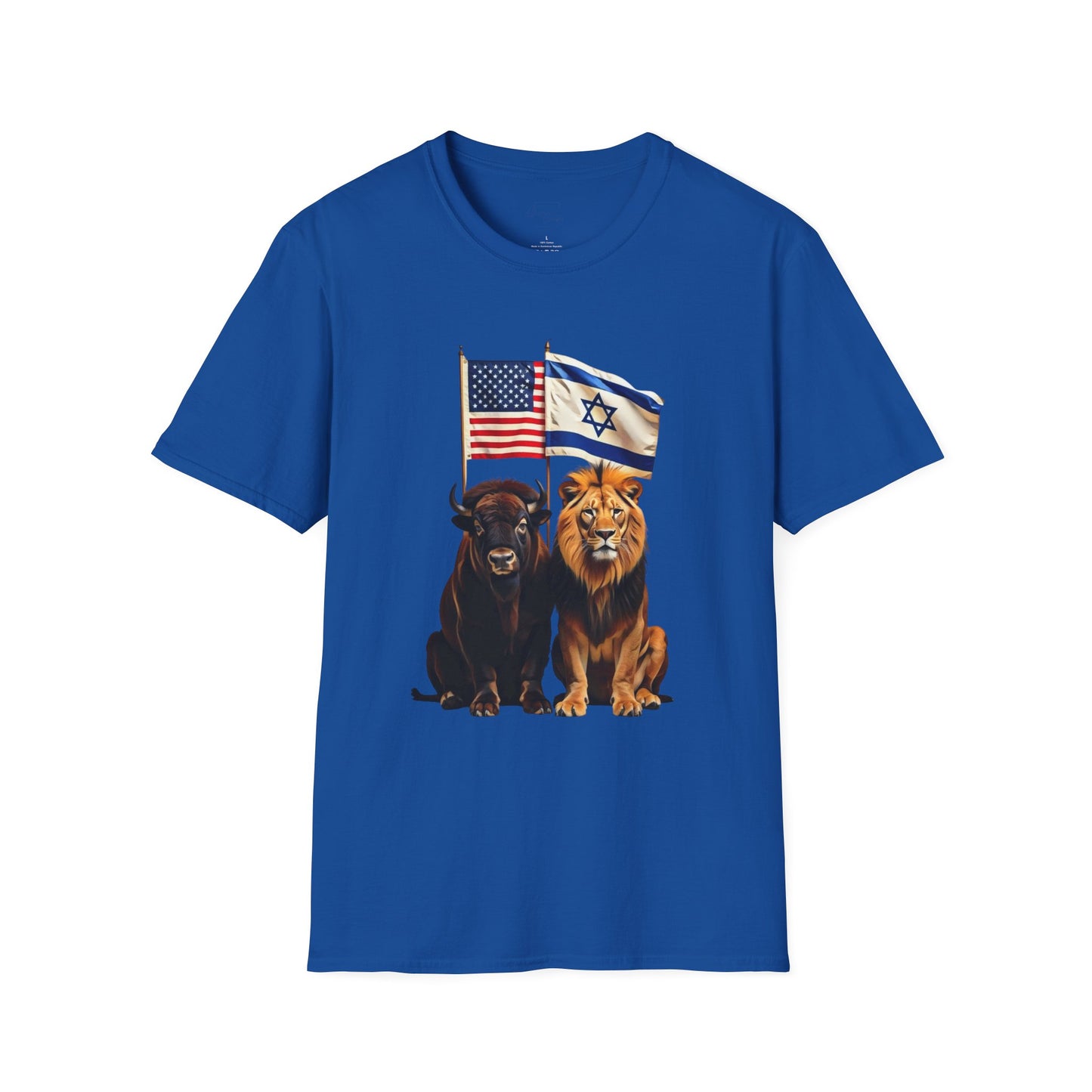 Unisex Softstyle T-Shirt - Unity of Strength, Bison Lion Israel America Flags