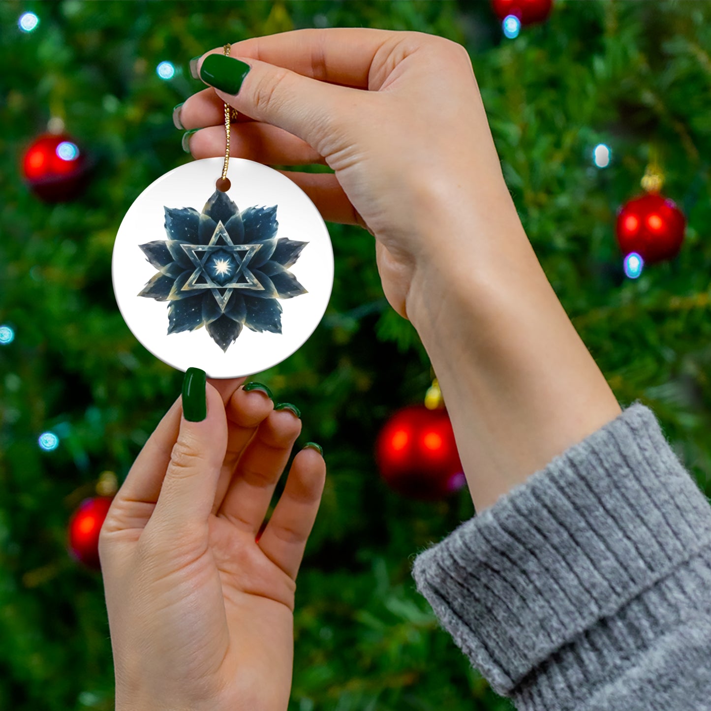 Ceramic Ornament Jewish Star of David Blue Cosmic Lotus Design