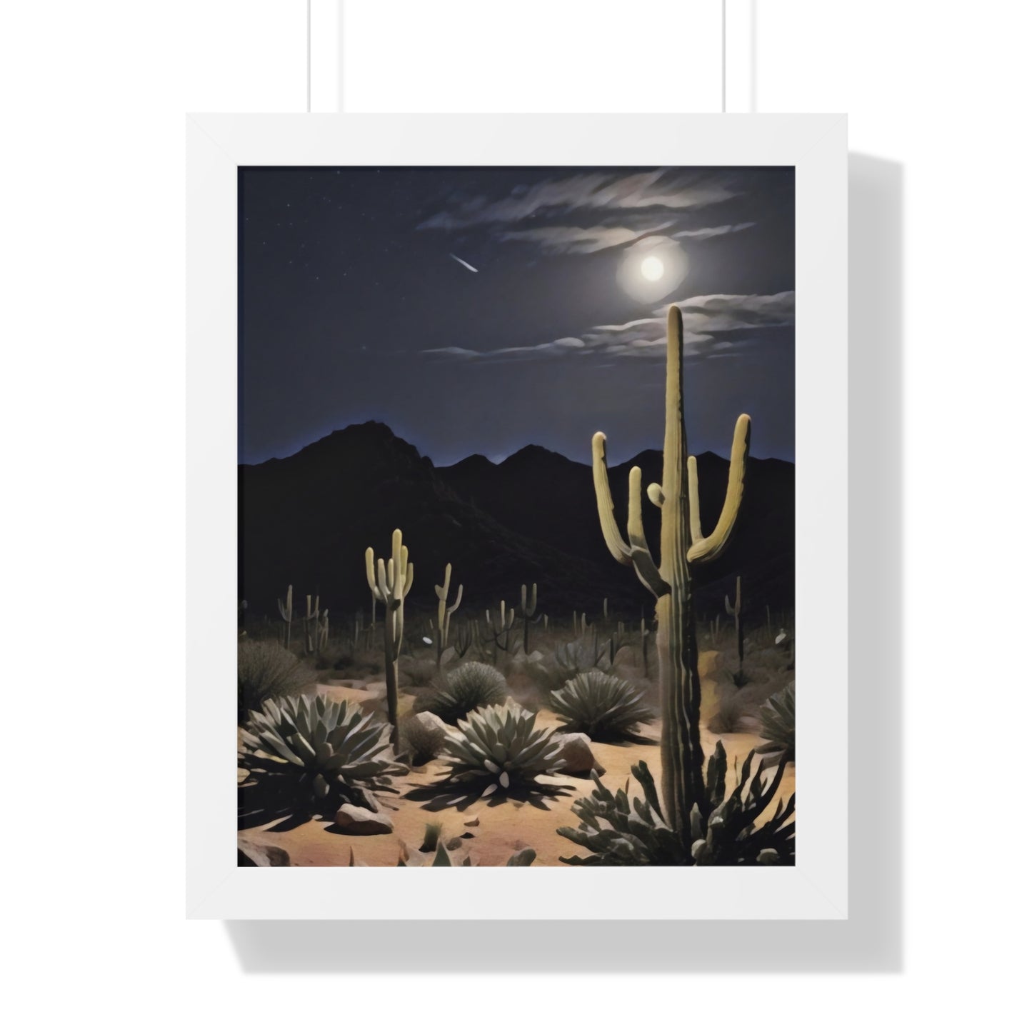 Artistic Framed Poster - Nighttime Desert Cactus Landscape, "Desert Moonrise" Chaia Malana