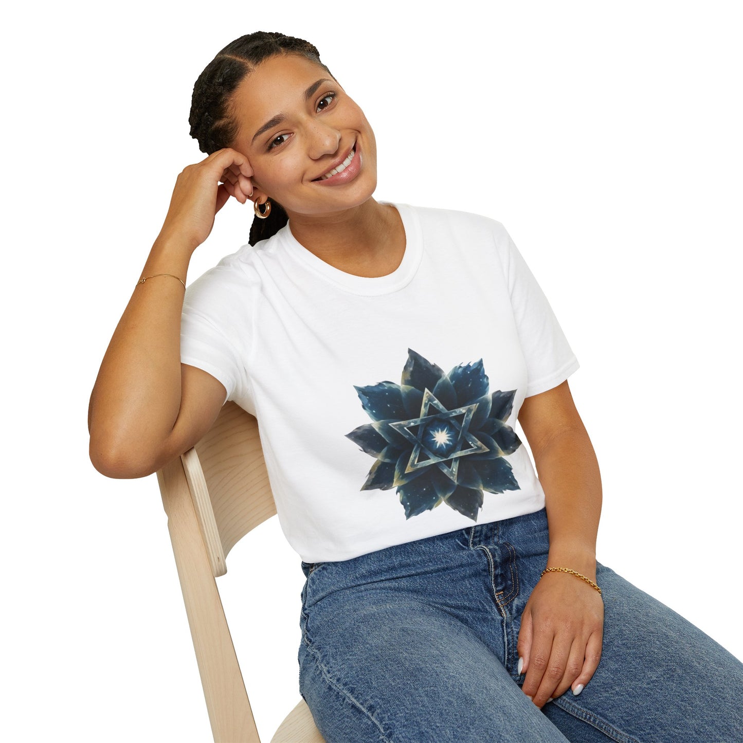 Unisex Softstyle T-Shirt - "Celestial Bloom" Star of David Cosmic Lotus Art Print