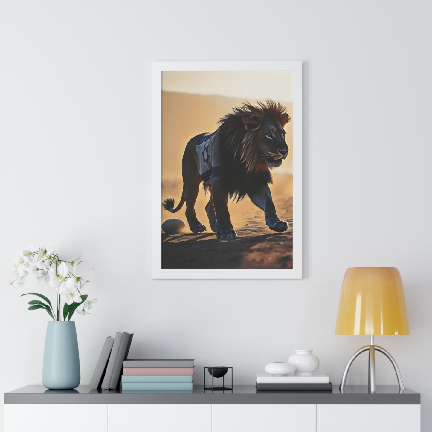 Artistic Framed Poster: Israeli Flag Lion in the Desert, "Lion of Judah: Strength of a Nation" Chaia Malana