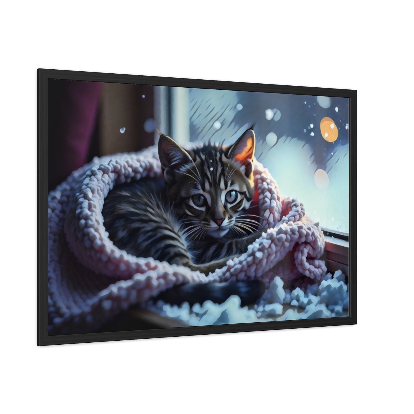 Artistic Framed Posters - Kitten in Blanket in Winter Art, "Cozy Winter Vigil" by Chaia Malana