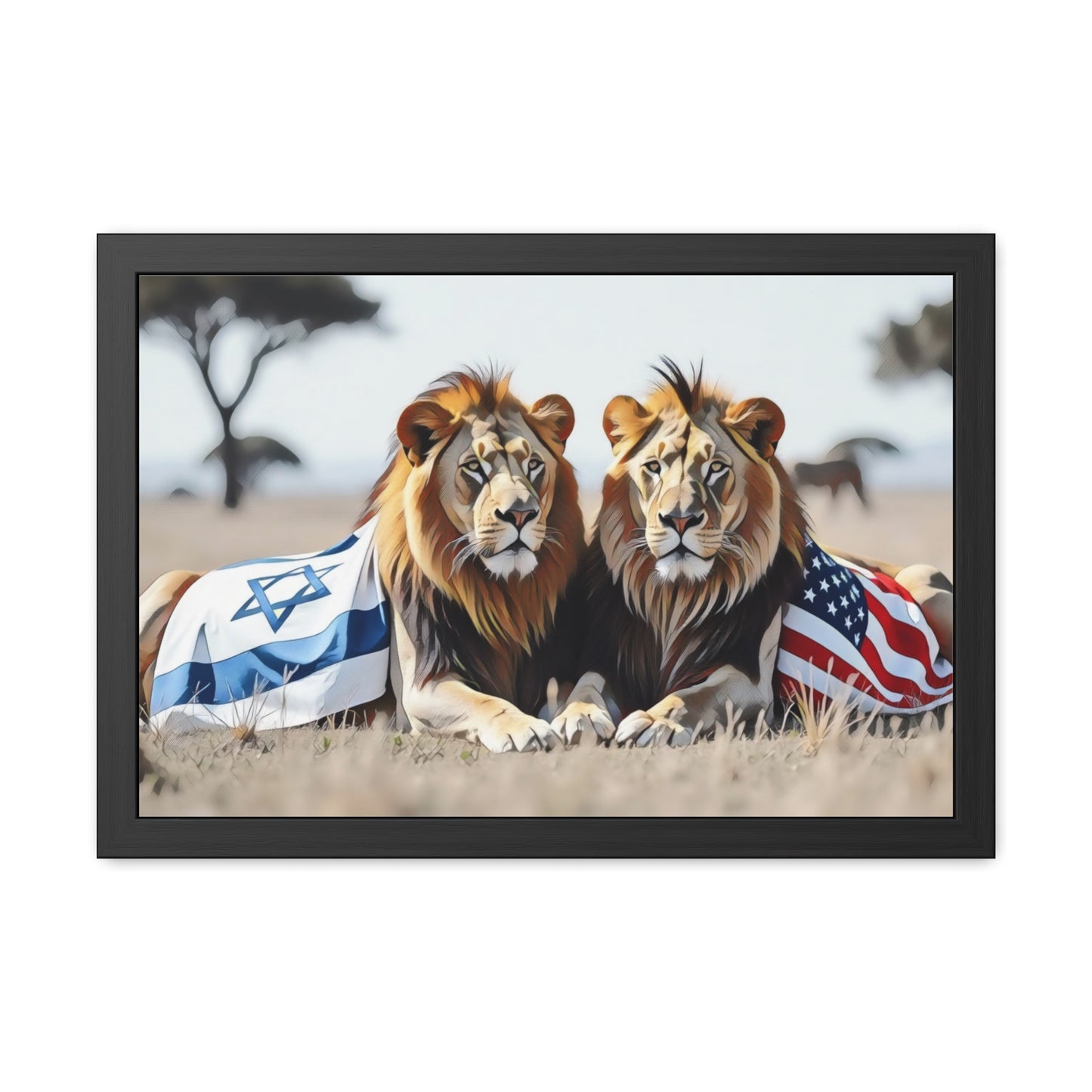 Artistic Framed Posters - America Israel Lions "Guardians of Unity: Lions of America and Israel" Chaia Malana