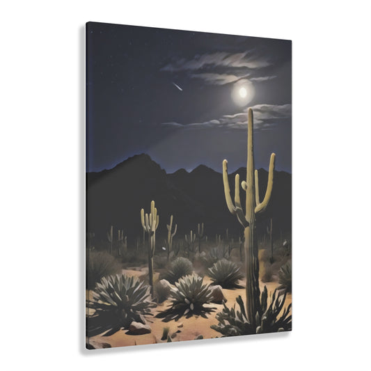 Acrylic Print - Nighttime Desert Landscape, Cactus Art, "Desert Moonrise" by Chaia Malana