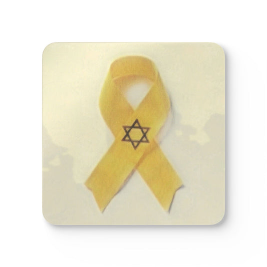 Corkwood Coaster Set - Yellow Awareness Ribbon and Star of David for Oct. 7, 2023 Awareness Colored Pencil Art Print