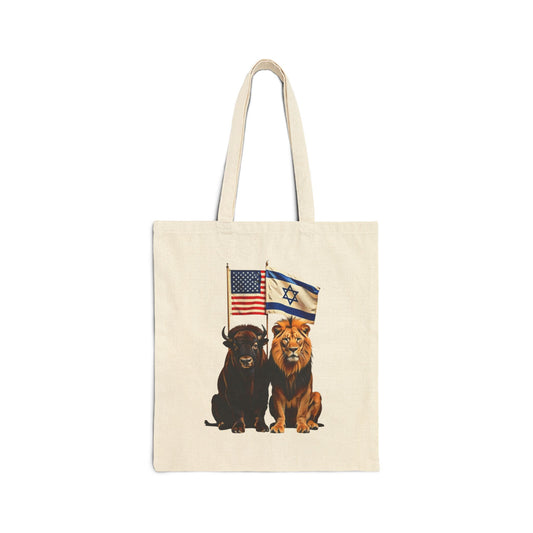 Cotton Canvas Tote Bag - "Allies of Strength" Lion and Bison Israeli and American Flags