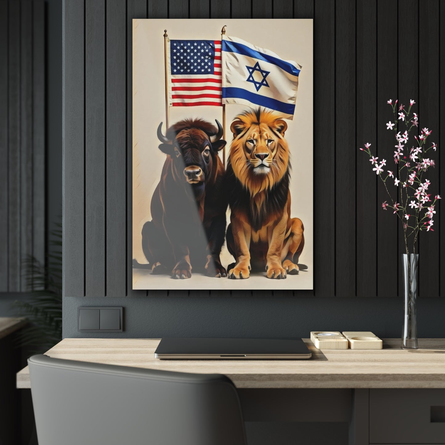 Art Acrylic Print Unity of Strength Bison Lion American Israeli Flags Chaia Malana