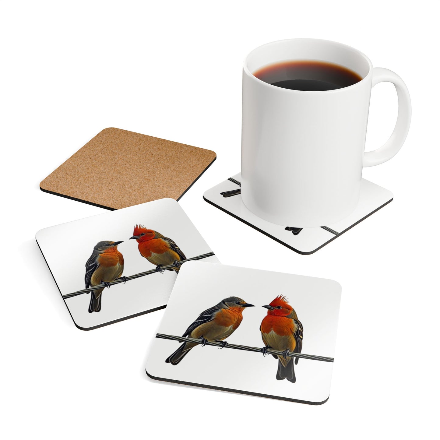 Corkwood Coaster Set - Two Birds on a Wire Art Print, White Background