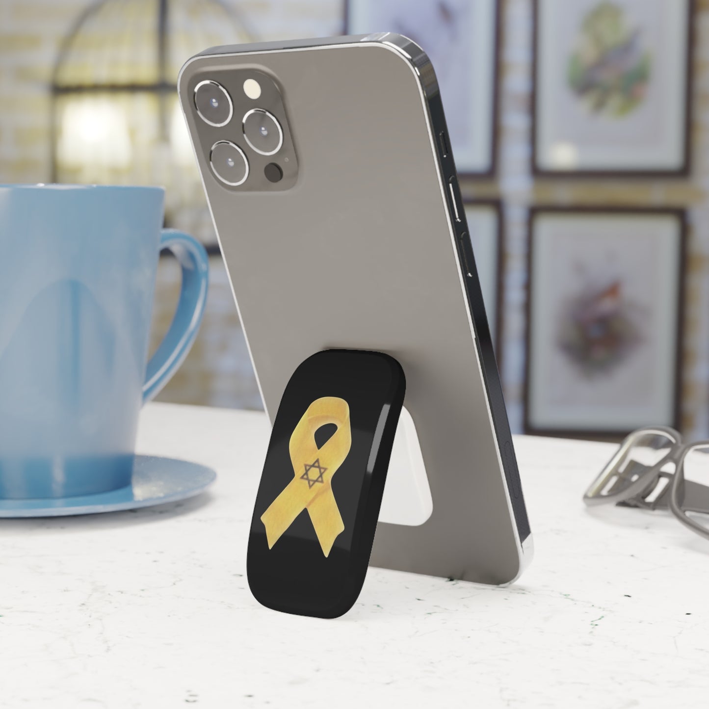 Phone Grip: Yellow Ribbon Hostage Support Design, Black