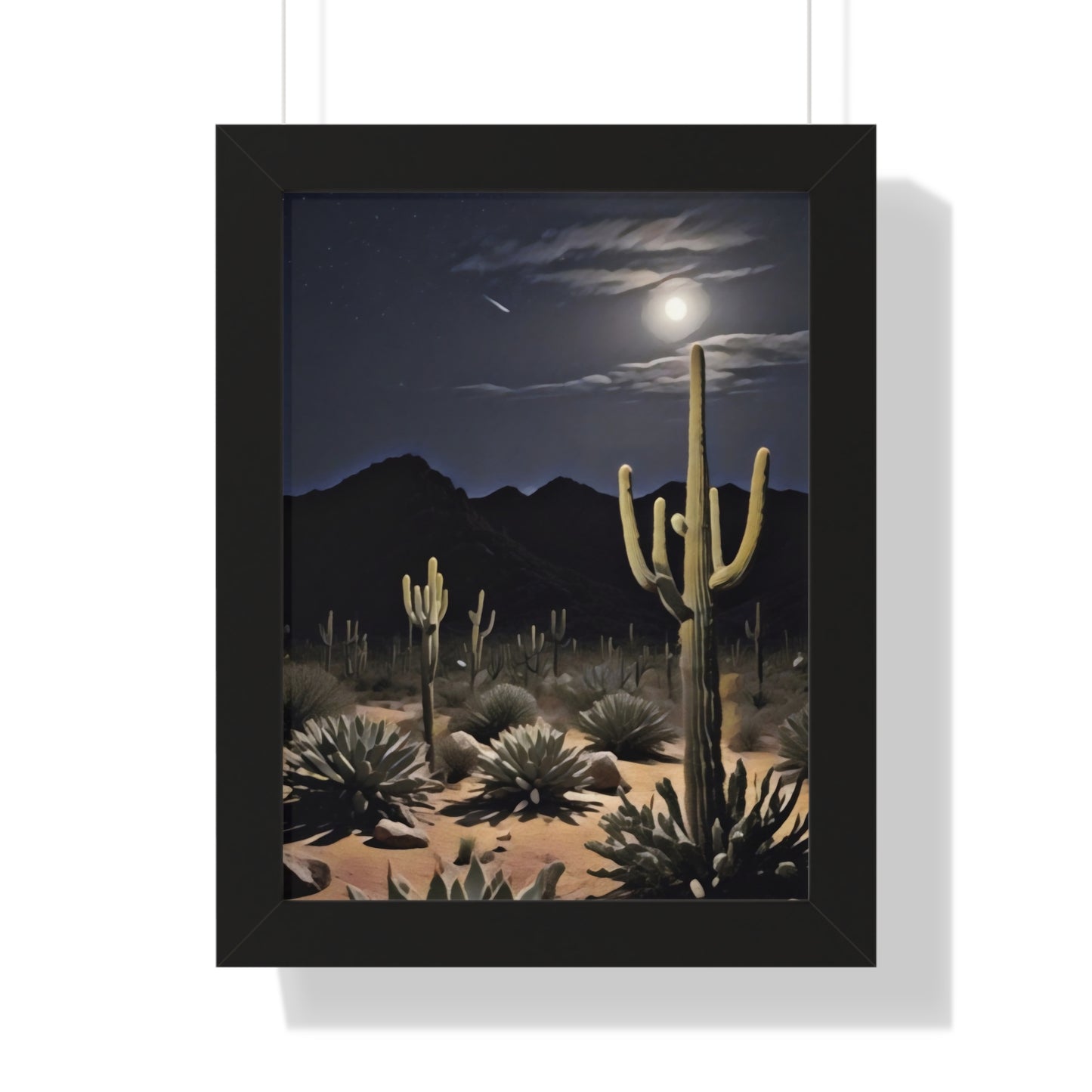 Artistic Framed Poster - Nighttime Desert Cactus Landscape, "Desert Moonrise" Chaia Malana