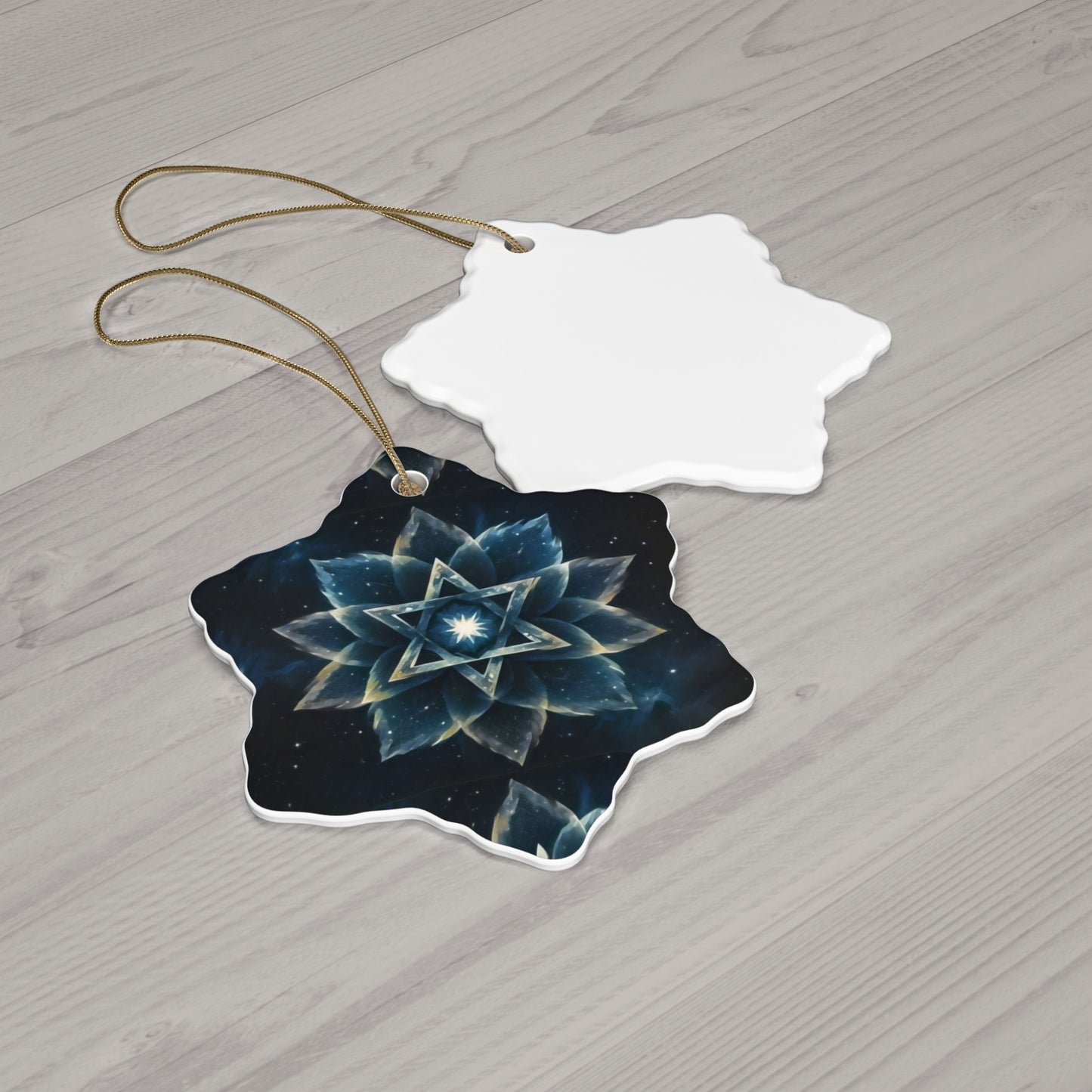 Ceramic Ornament - Jewish Star of David Blue Cosmic Lotus Design, Galactic Background