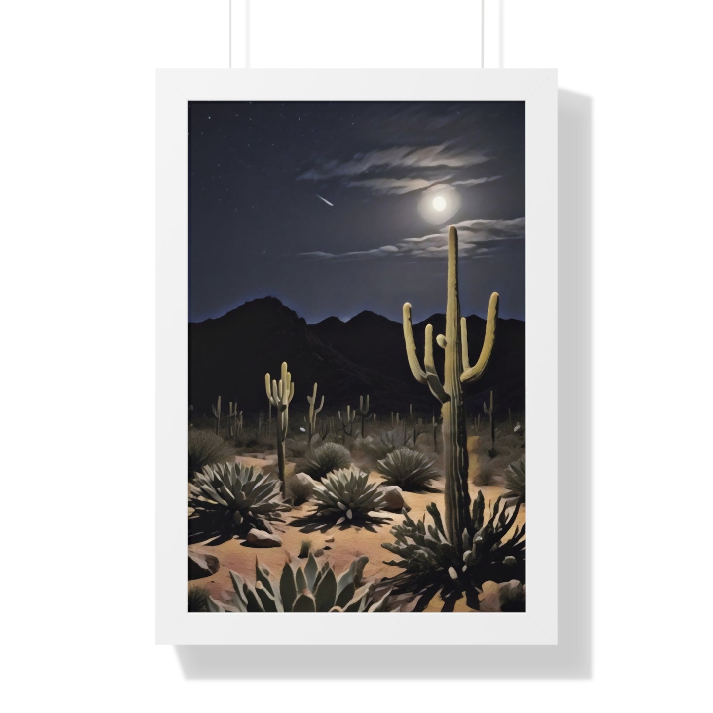 Artistic Framed Poster - Nighttime Desert Cactus Landscape, "Desert Moonrise" Chaia Malana