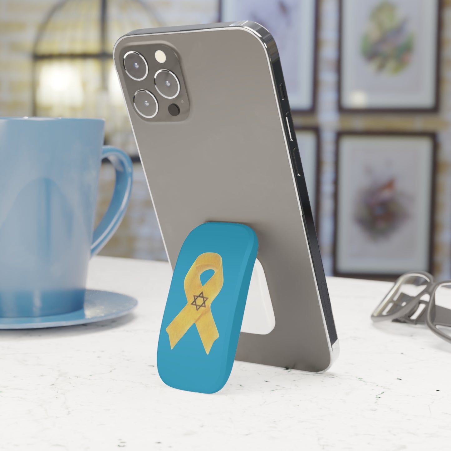 Phone Grip: Yellow Ribbon Hostage Support Design, Turquoise Background, Light Blue