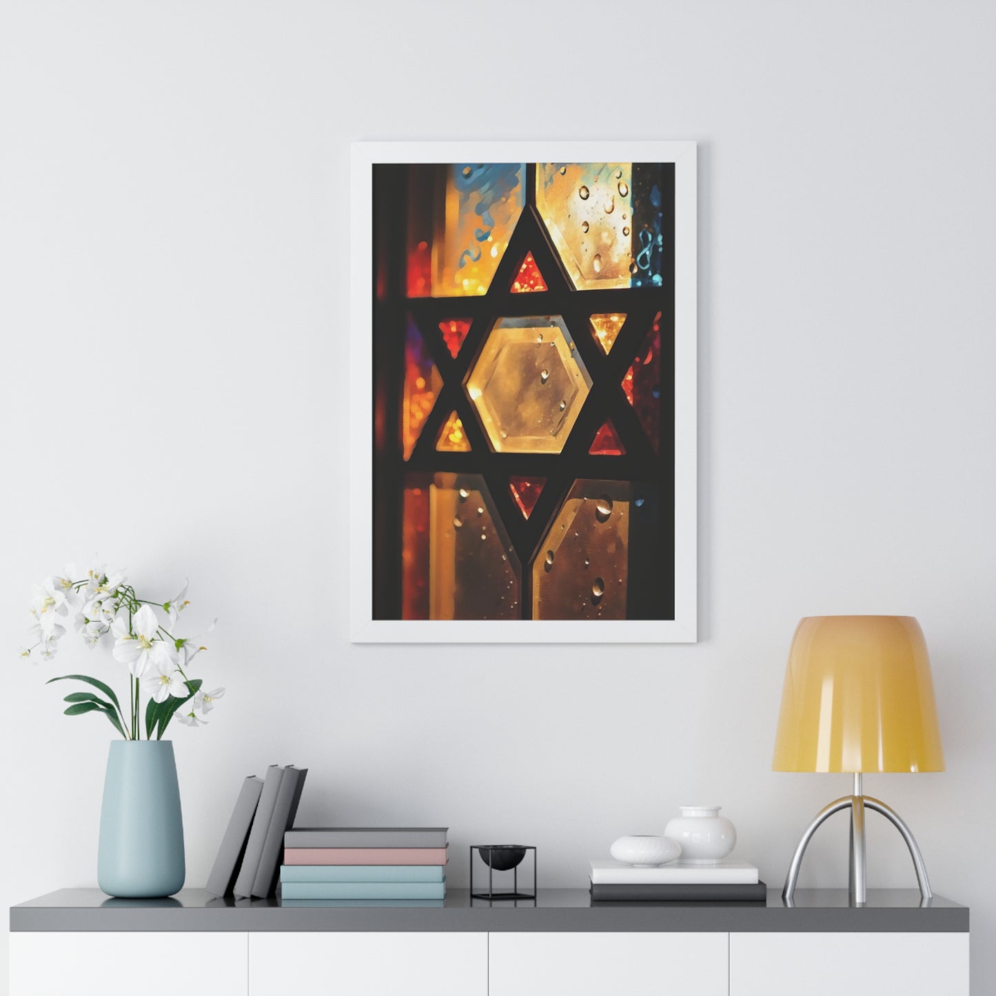 Artistic Framed Poster - Stained Glass Style Judaica Star of David Art Print "Eternal Light Star of Remembrance" Chaia Malana