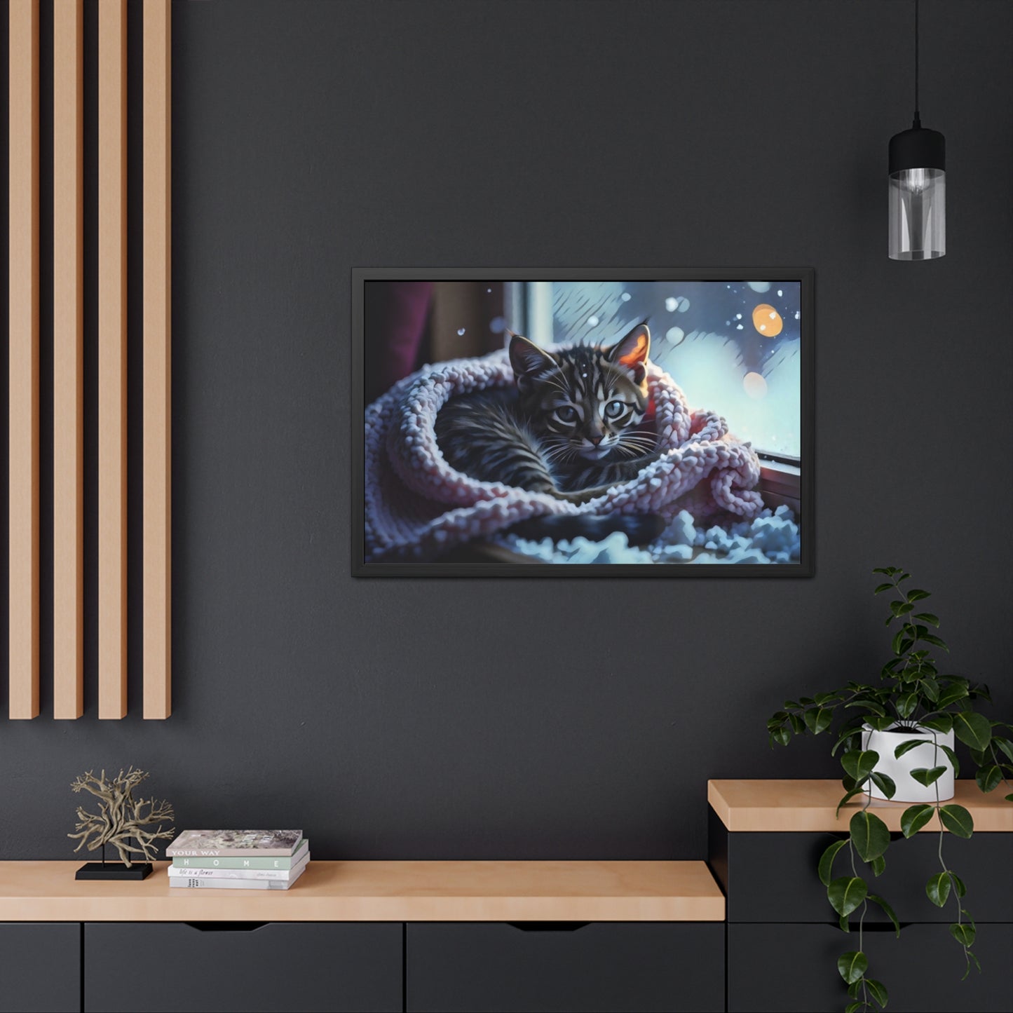 Artistic Framed Posters - Kitten in Blanket in Winter Art, "Cozy Winter Vigil" by Chaia Malana