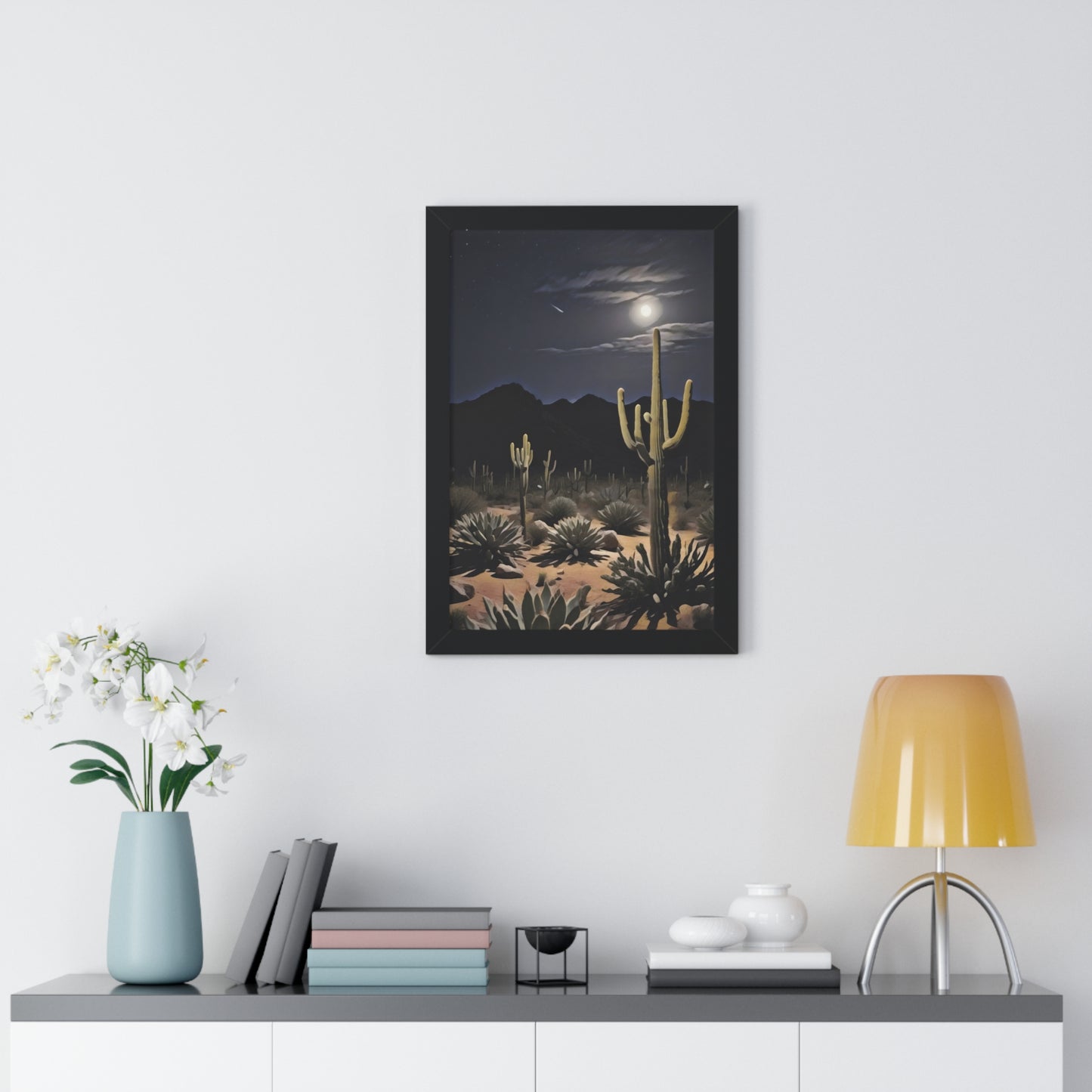 Artistic Framed Poster - Nighttime Desert Cactus Landscape, "Desert Moonrise" Chaia Malana