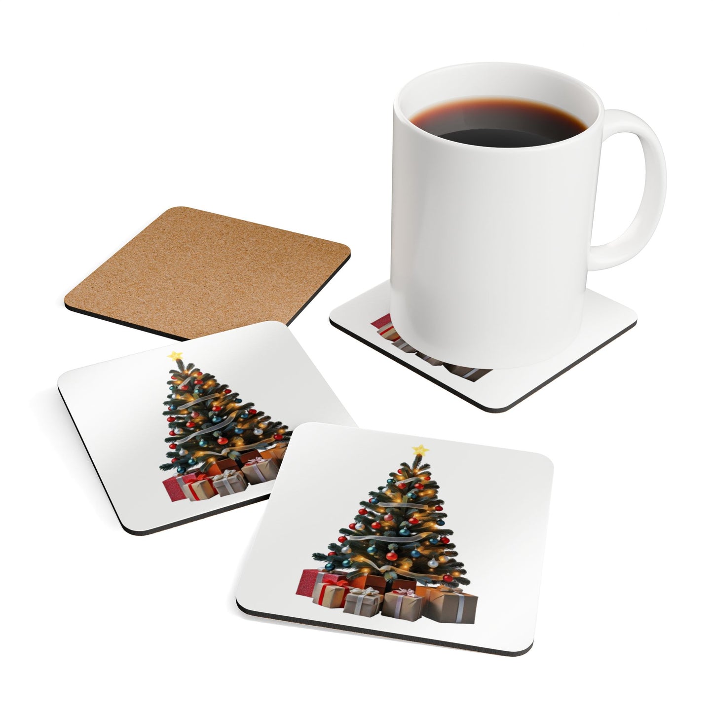 Corkwood Coaster Set - Christmas Tree Art Print, White Background