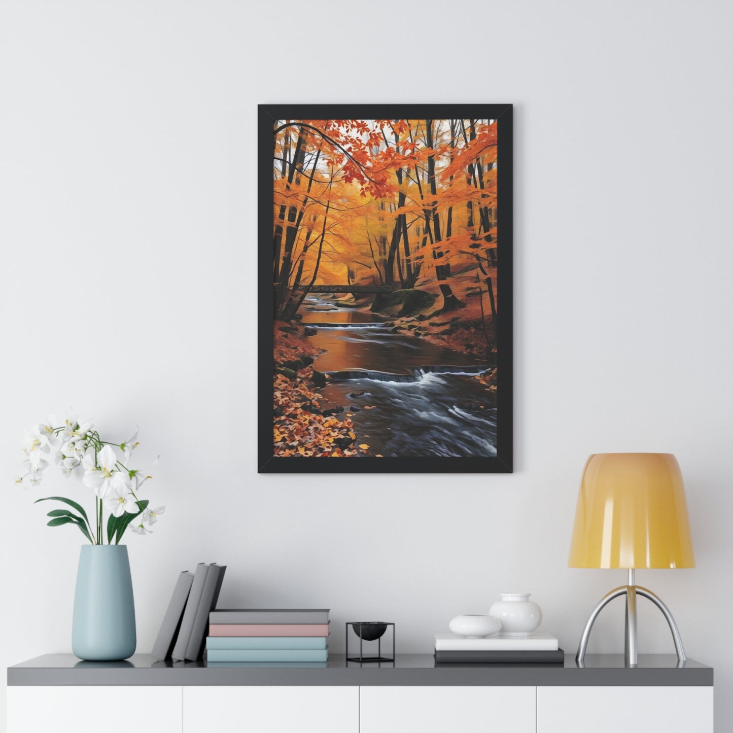 Artistic Framed Poster - Autumn Rocky Forest Waterfall, "Whispers of Autumn’s Flow" Chaia Malana