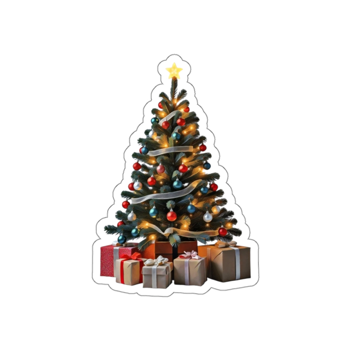 Sticker - Festive Decorated Christmas Tree with Presents Art Print