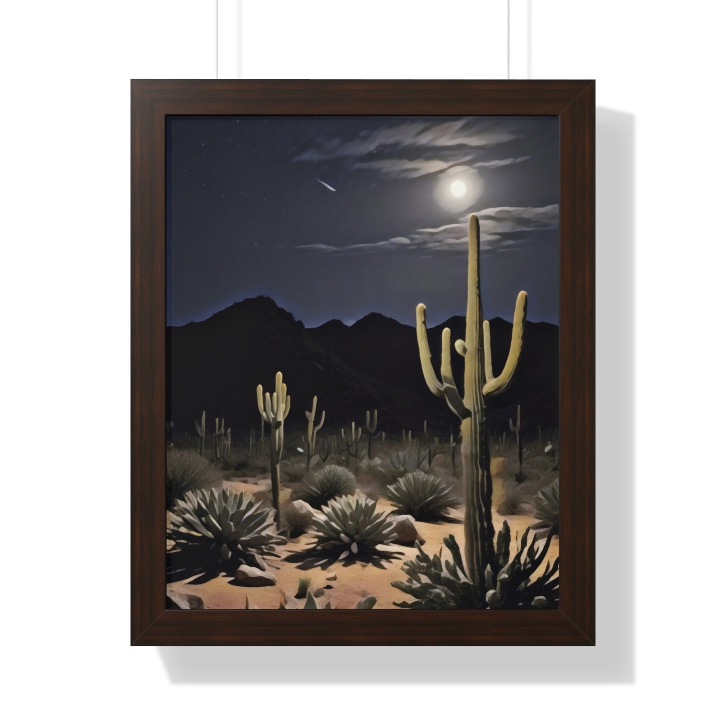 Artistic Framed Poster - Nighttime Desert Cactus Landscape, "Desert Moonrise" Chaia Malana