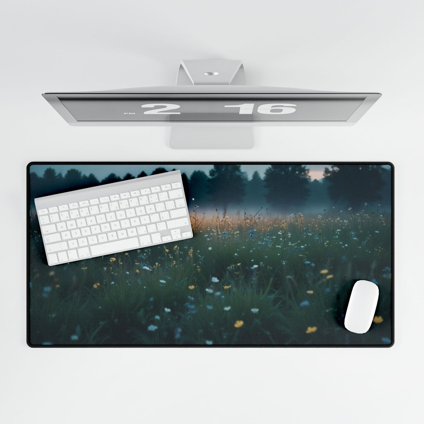 Desk Mat - Echoes in the Mist Floral Meadow Twilight Misty Field Nature Ambiance