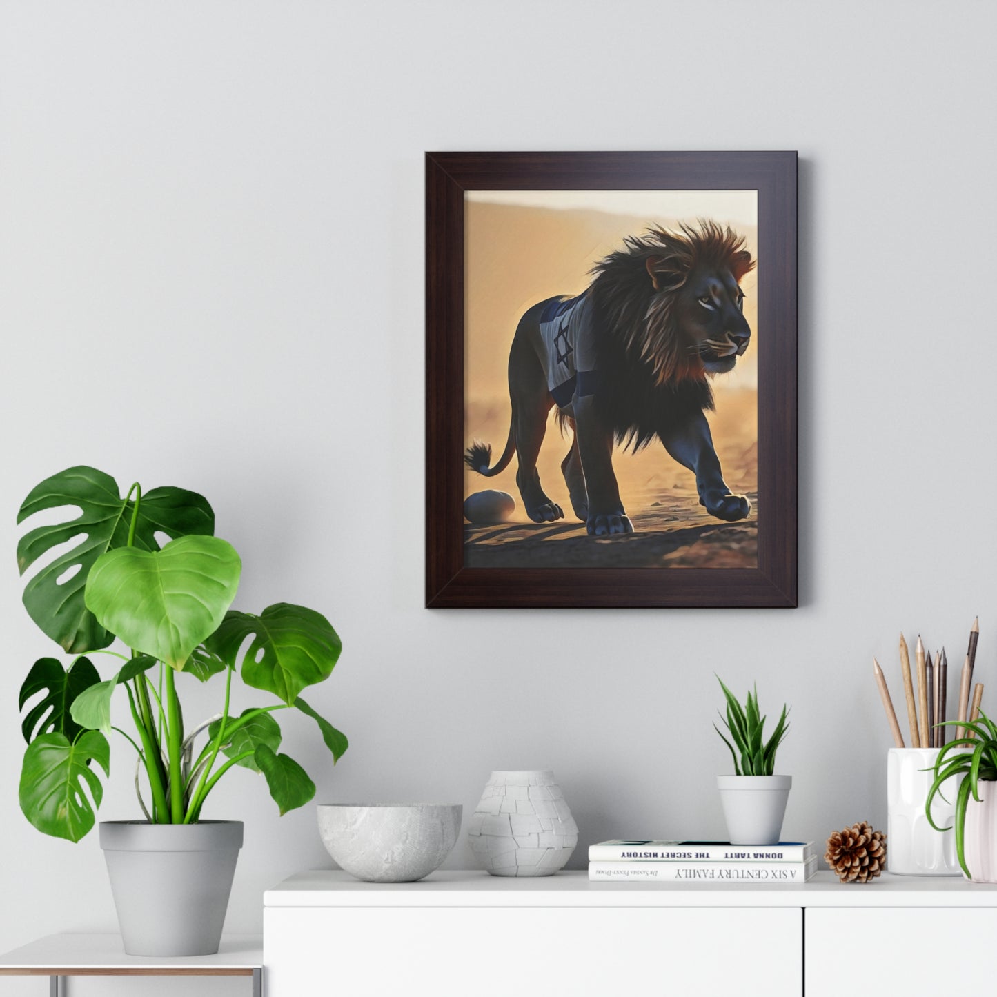 Artistic Framed Poster: Israeli Flag Lion in the Desert, "Lion of Judah: Strength of a Nation" Chaia Malana