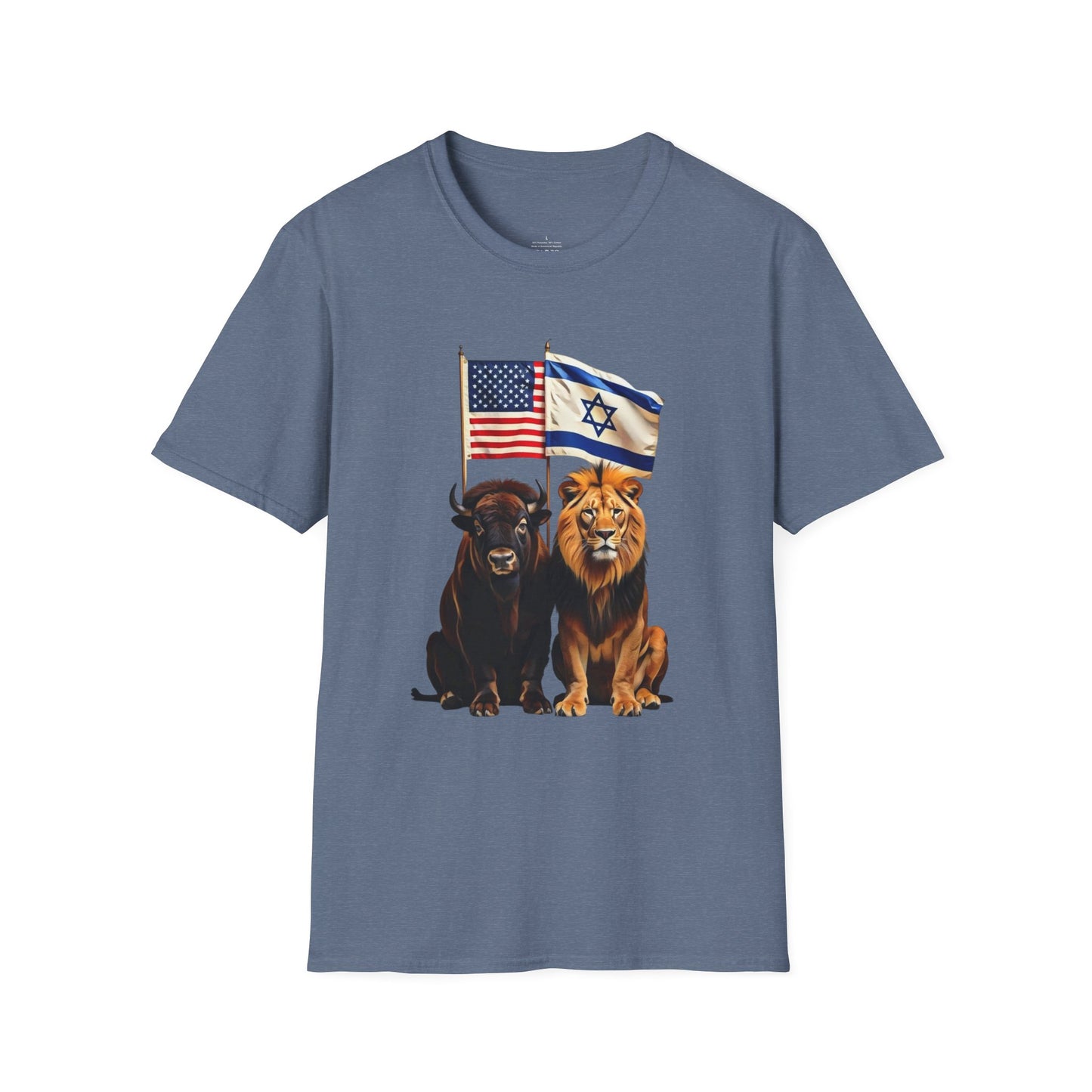 Unisex Softstyle T-Shirt - Unity of Strength, Bison Lion Israel America Flags