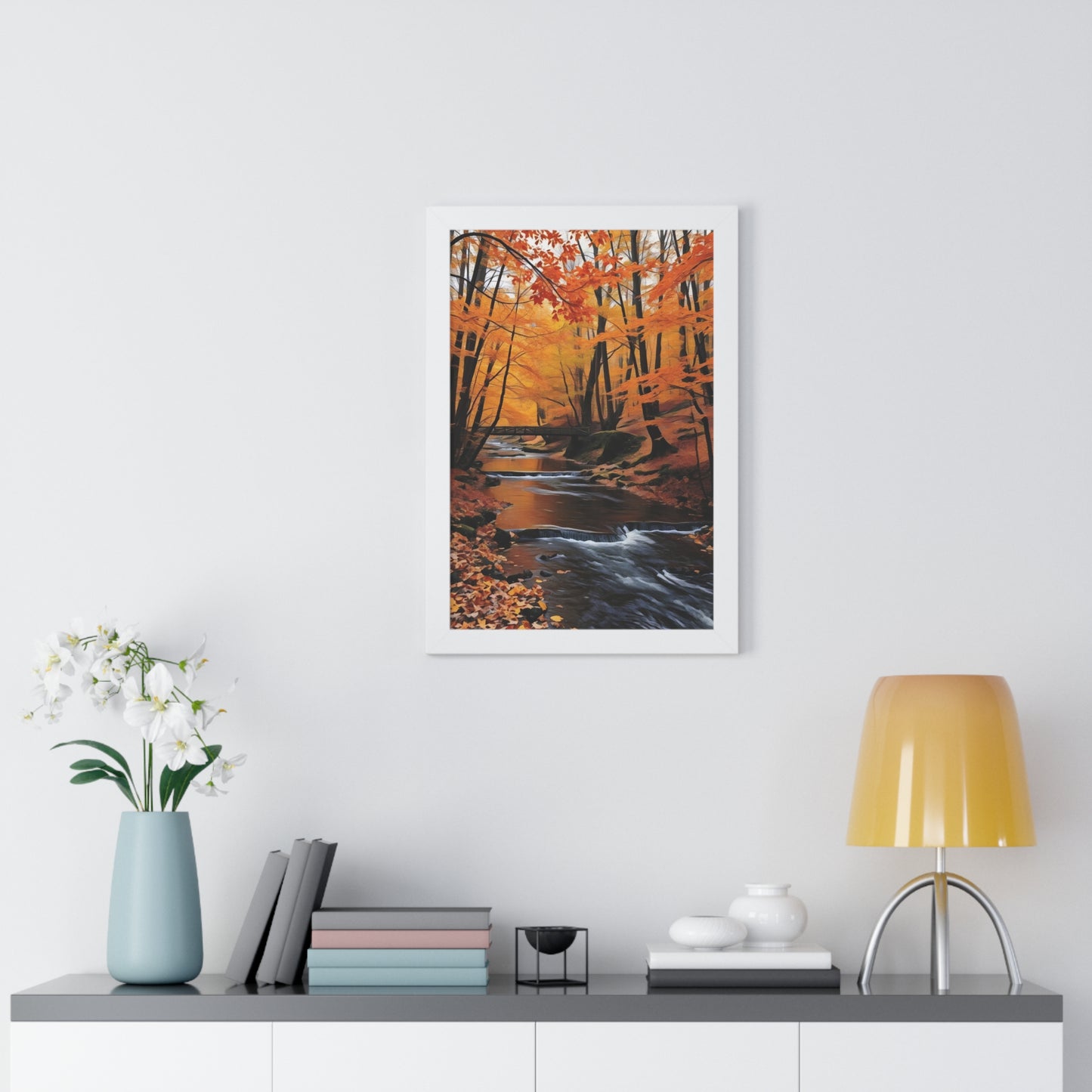 Artistic Framed Poster - Autumn Rocky Forest Waterfall, "Whispers of Autumn’s Flow" Chaia Malana