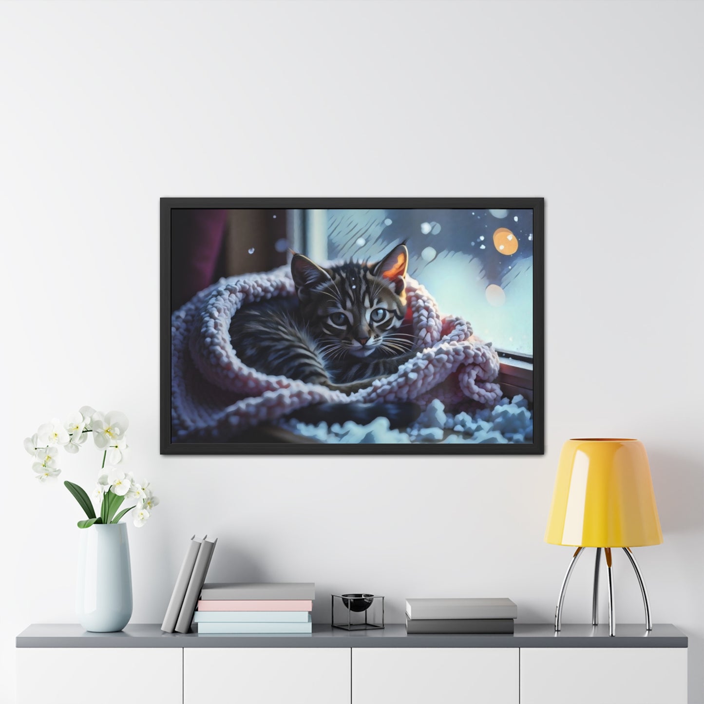 Artistic Framed Posters - Kitten in Blanket in Winter Art, "Cozy Winter Vigil" by Chaia Malana