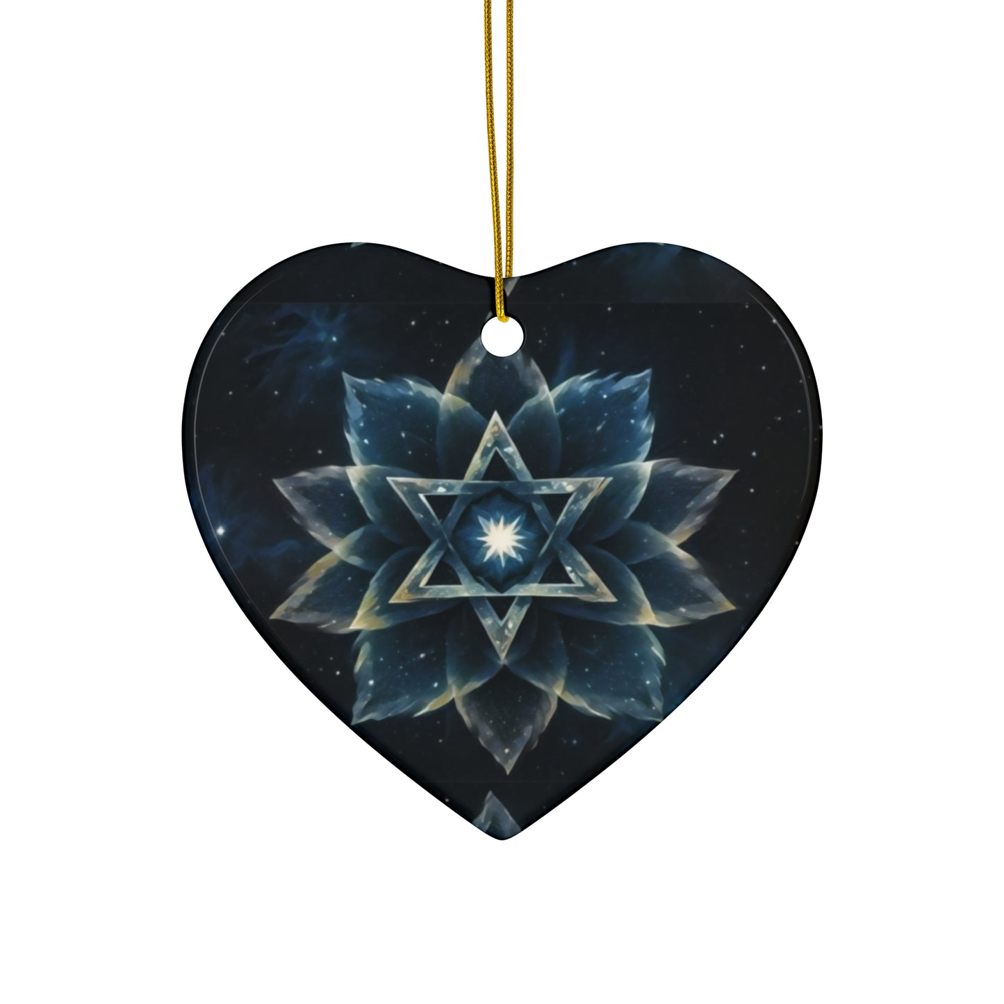 Ceramic Ornament - Jewish Star of David Blue Cosmic Lotus Design, Galactic Background