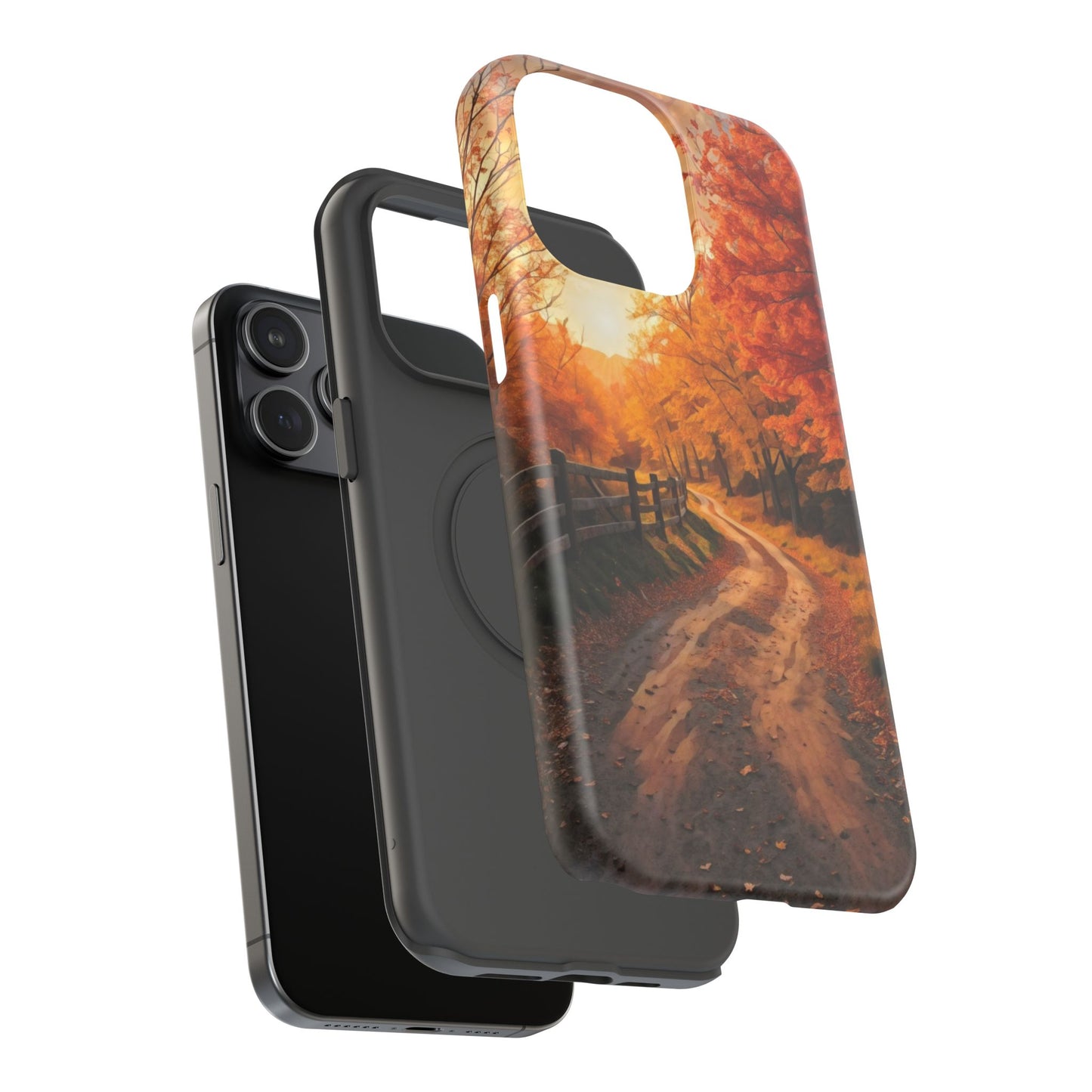 Phone Cases - Autumn Theme Painting of a Dirt Road with Trees and Wood Fence