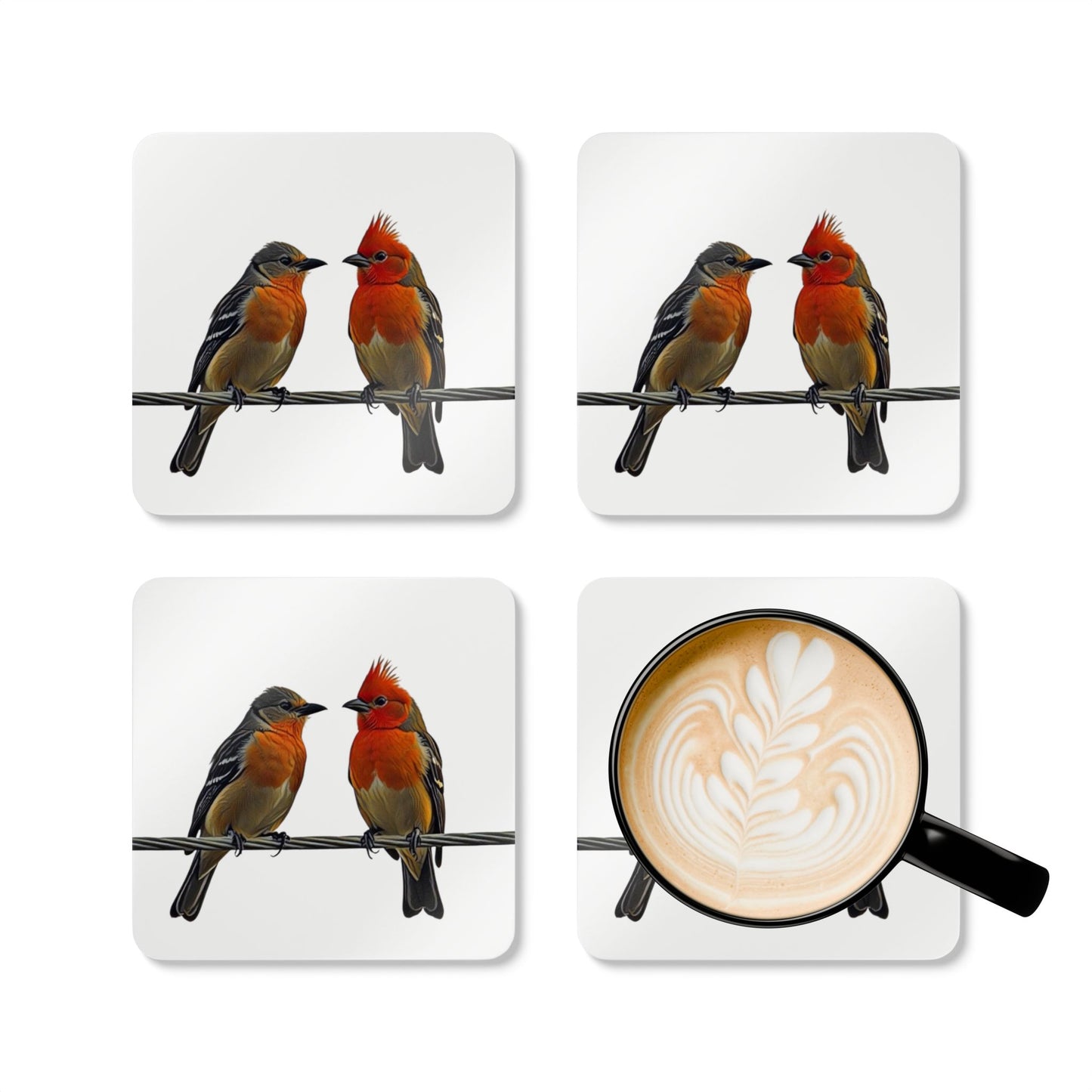 Corkwood Coaster Set - Two Birds on a Wire Art Print, White Background