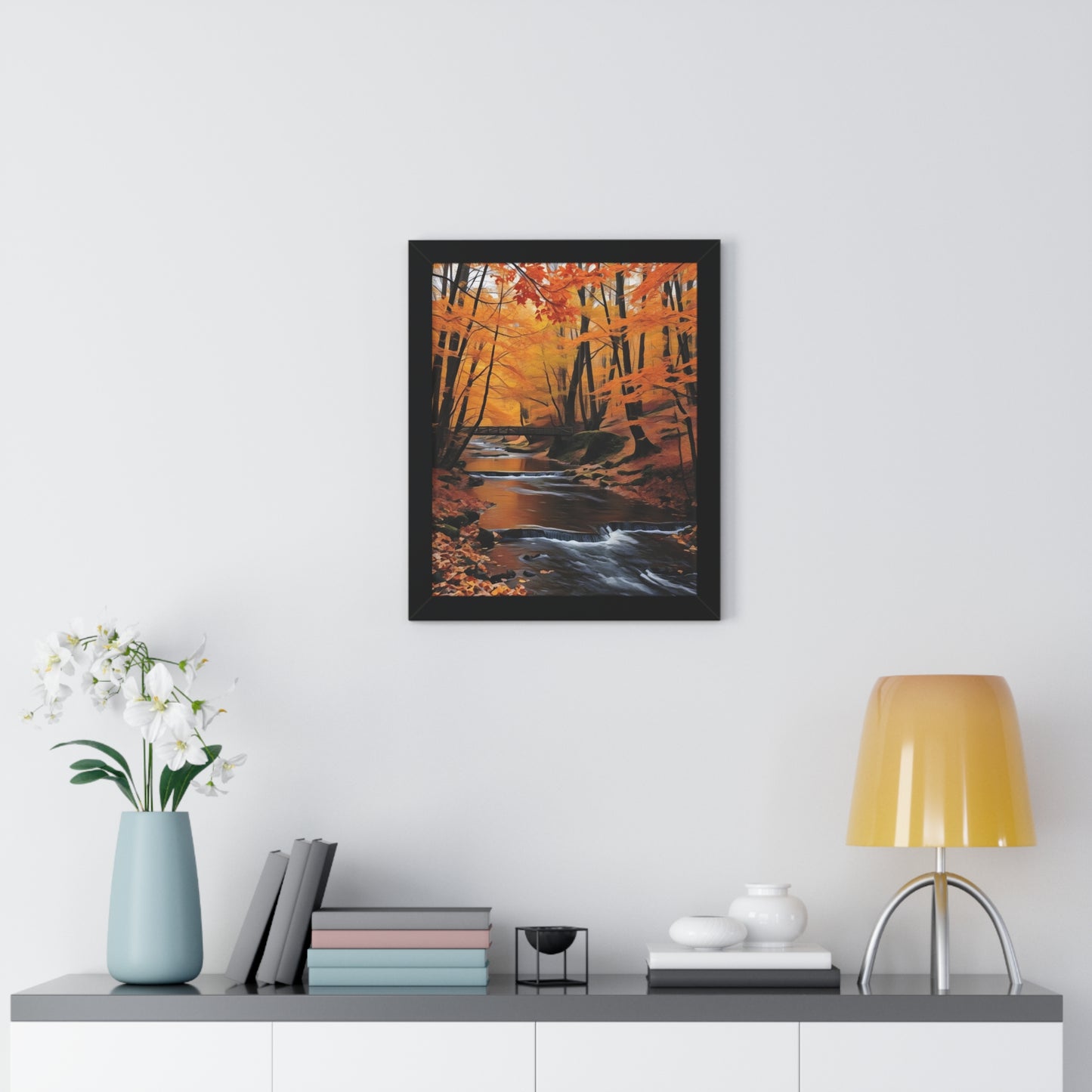 Artistic Framed Poster - Autumn Rocky Forest Waterfall, "Whispers of Autumn’s Flow" Chaia Malana