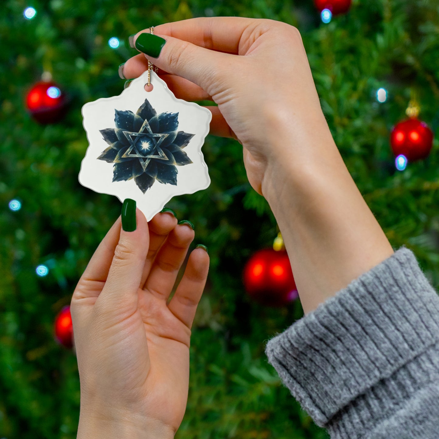 Ceramic Ornament Jewish Star of David Blue Cosmic Lotus Design