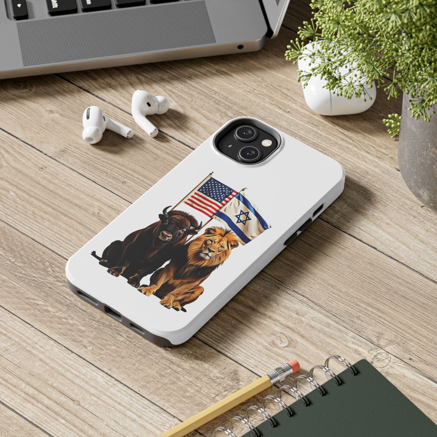 Phone Case - "Unity of Strength" American Bison and Lion with Israeli and American Flags Art by Chaia Malana