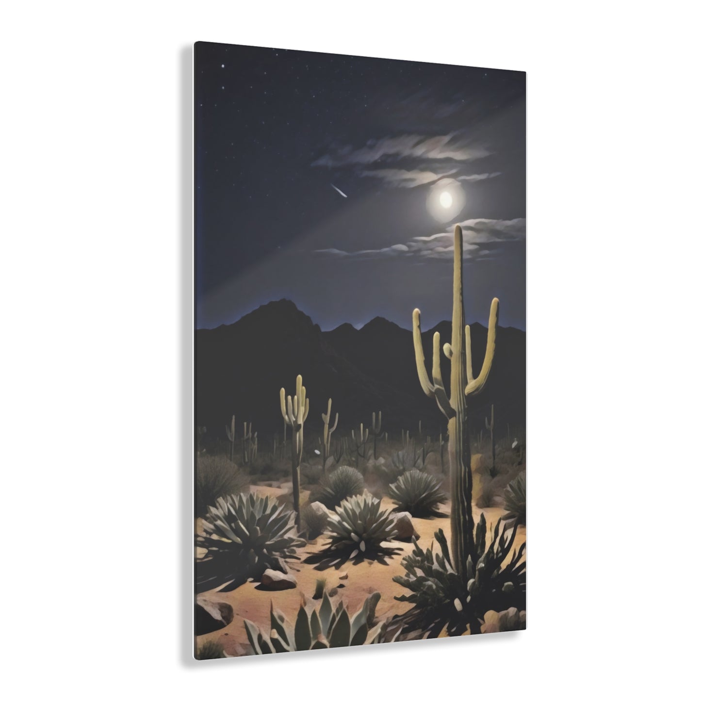 Acrylic Print - Nighttime Desert Landscape, Cactus Art, "Desert Moonrise" by Chaia Malana