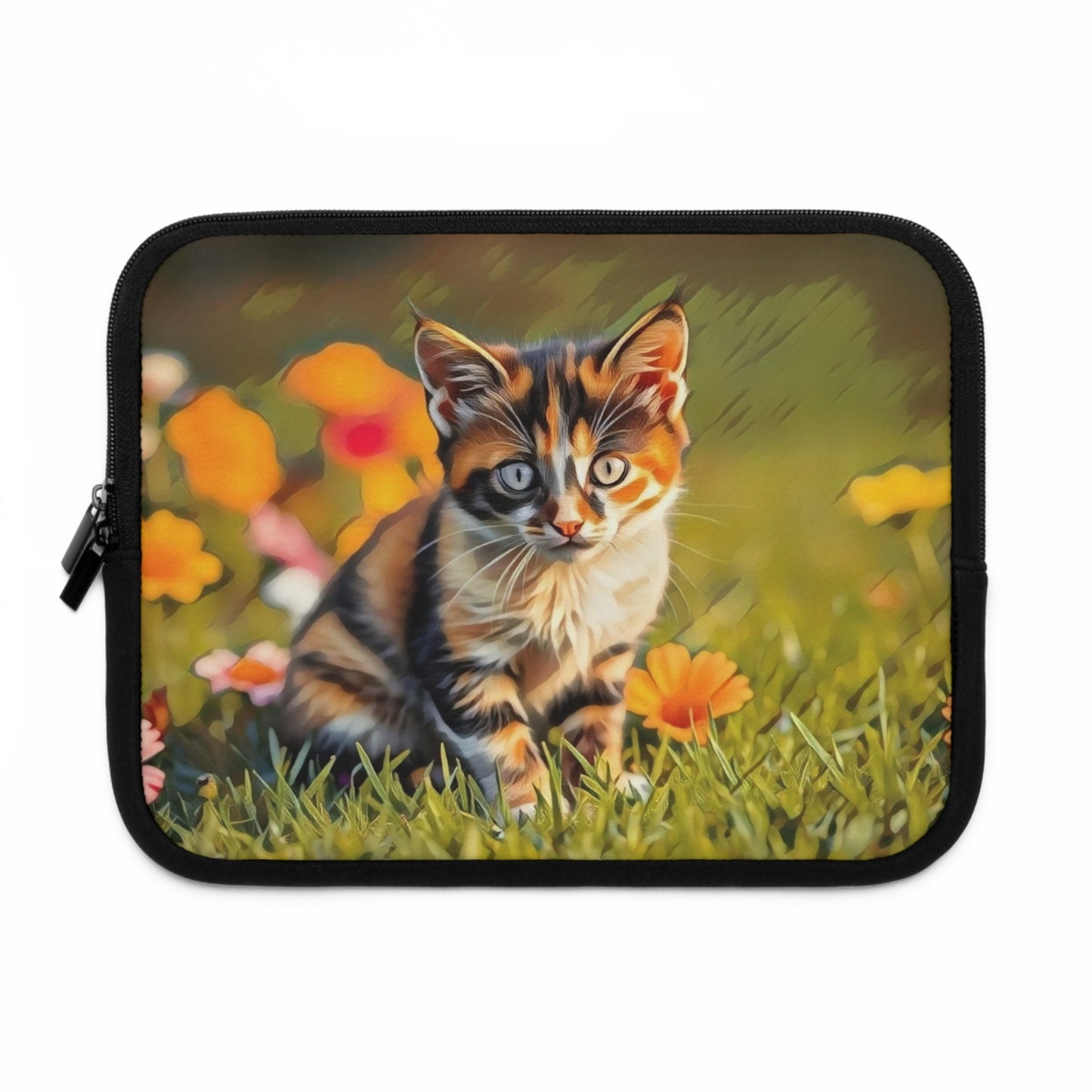 Laptop Sleeve Garden Guardian Curious Kitten Among Blossoms Chaia Malana Digital Art