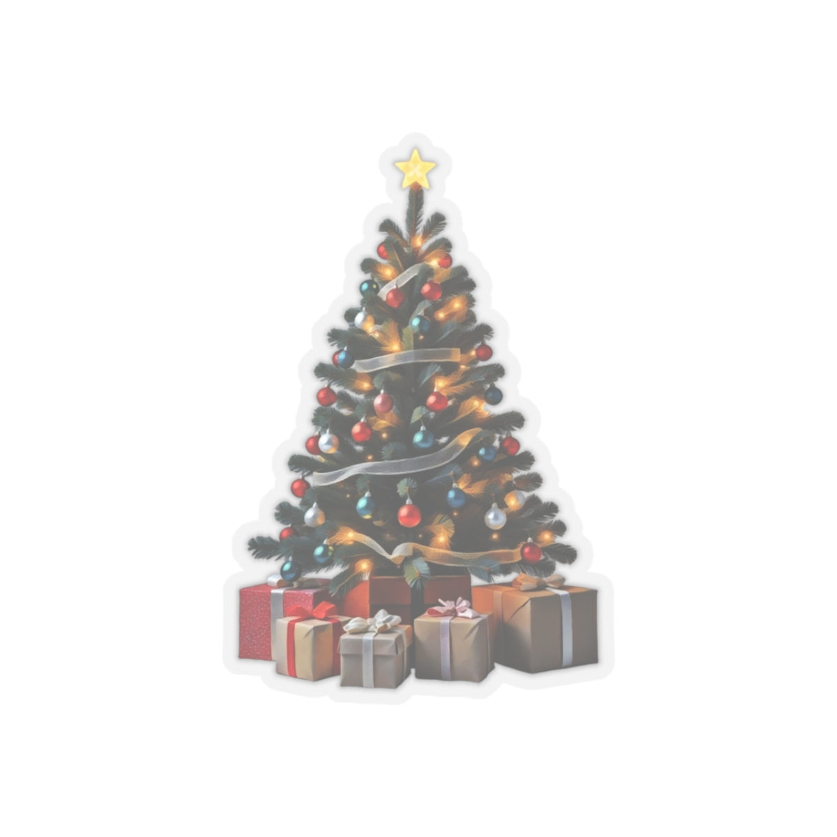 Sticker - Festive Decorated Christmas Tree with Presents Art Print