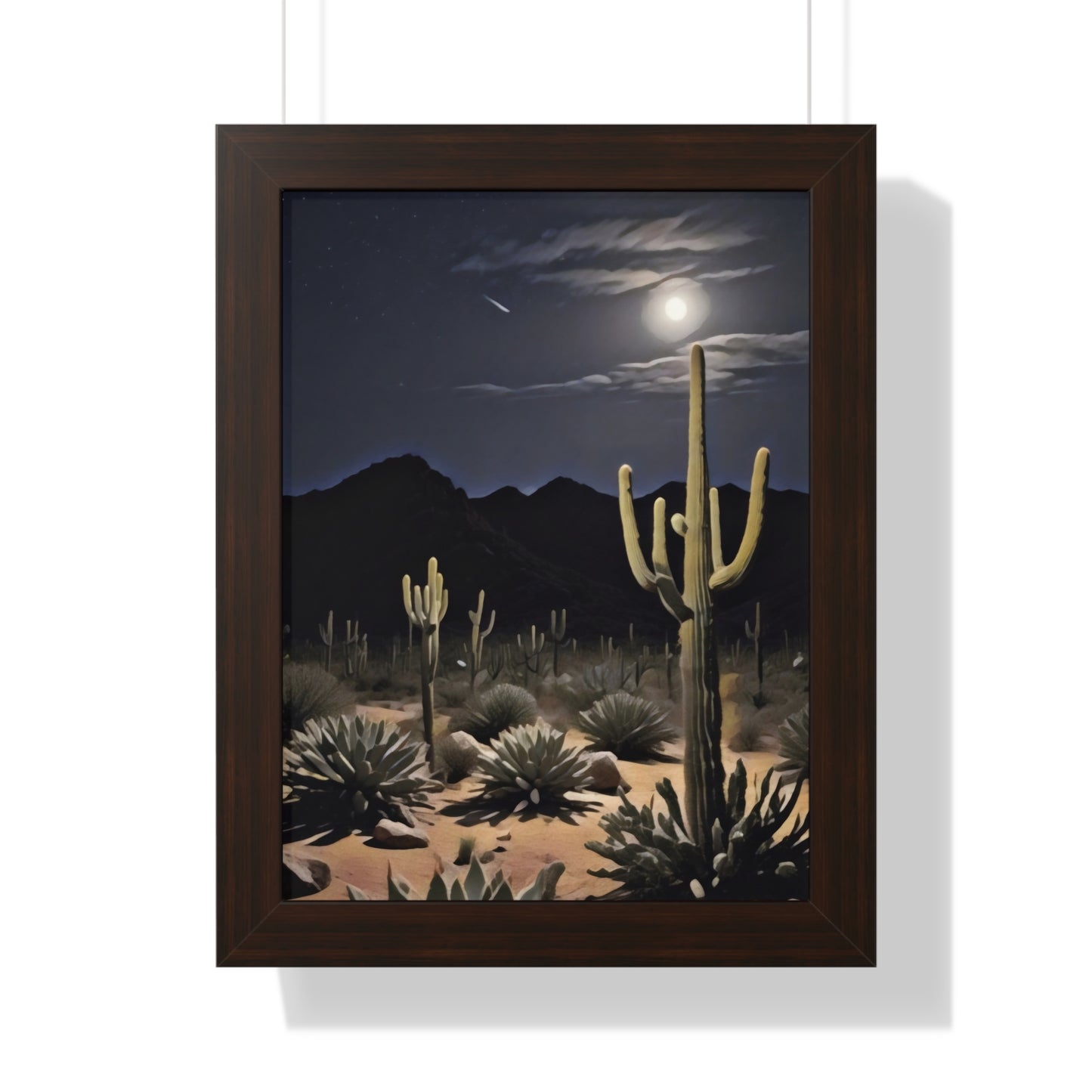 Artistic Framed Poster - Nighttime Desert Cactus Landscape, "Desert Moonrise" Chaia Malana