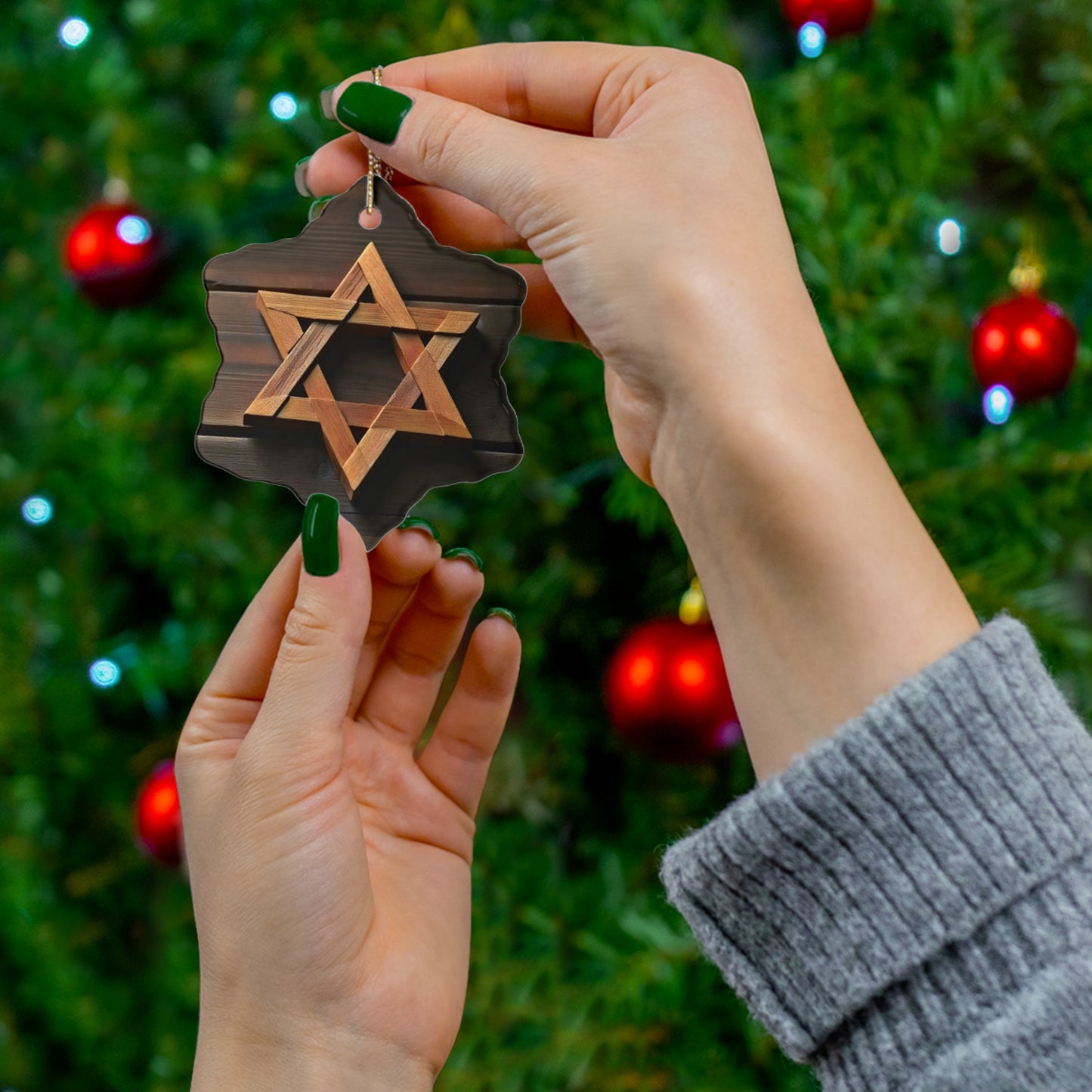 Ceramic Ornament - Jewish Star of David Wooden Magen David, Wood Planks Background