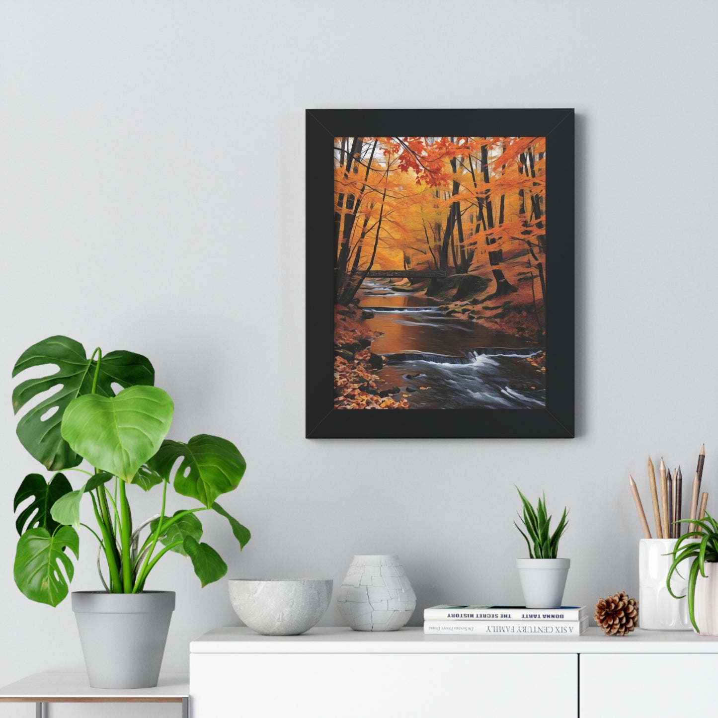 Artistic Framed Poster - Autumn Rocky Forest Waterfall, "Whispers of Autumn’s Flow" Chaia Malana