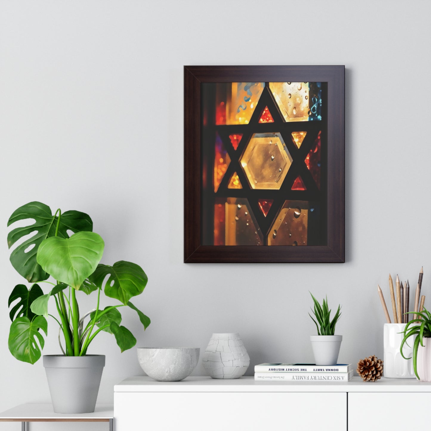 Artistic Framed Poster - Stained Glass Style Judaica Star of David Art Print "Eternal Light Star of Remembrance" Chaia Malana