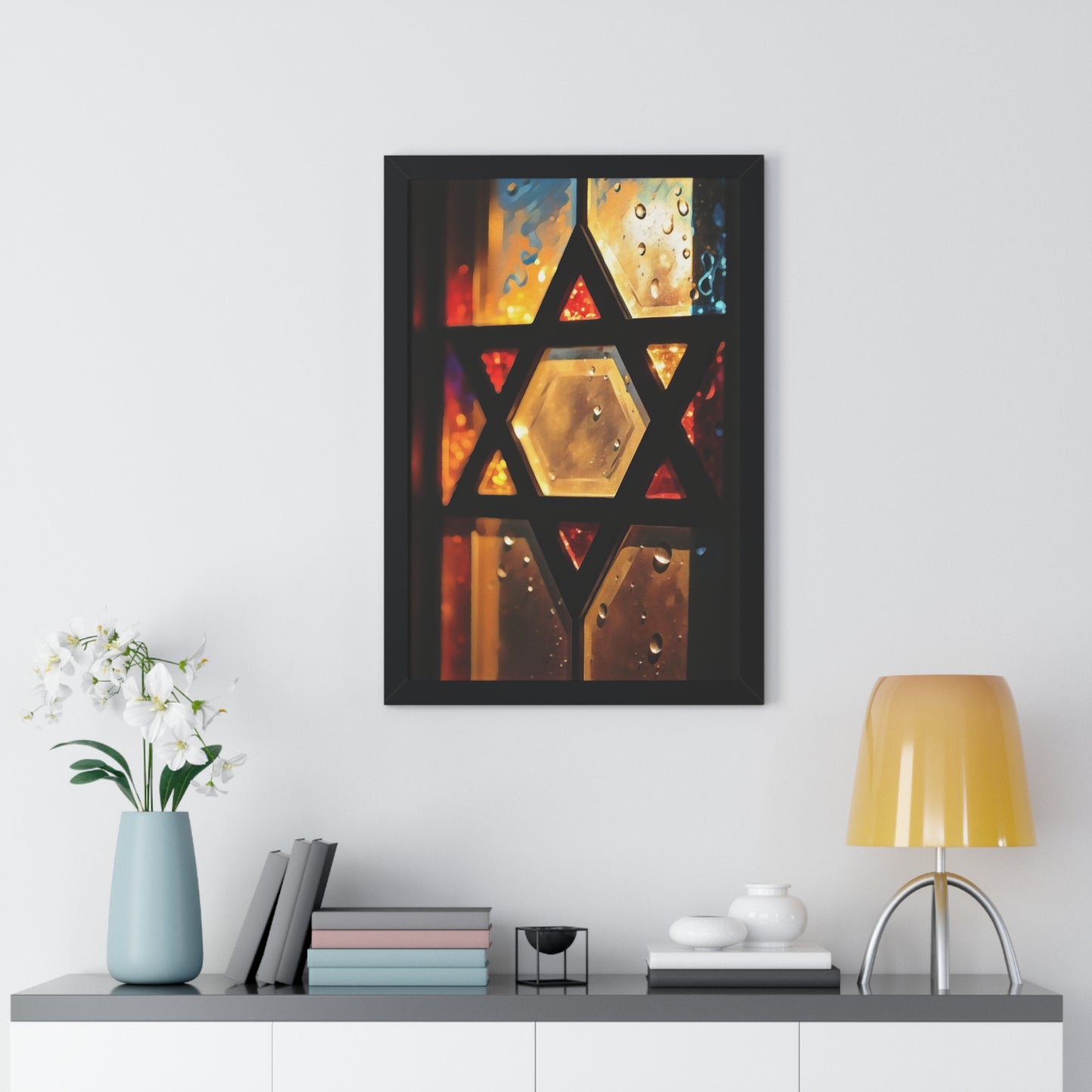 Artistic Framed Poster - Stained Glass Style Judaica Star of David Art Print "Eternal Light Star of Remembrance" Chaia Malana