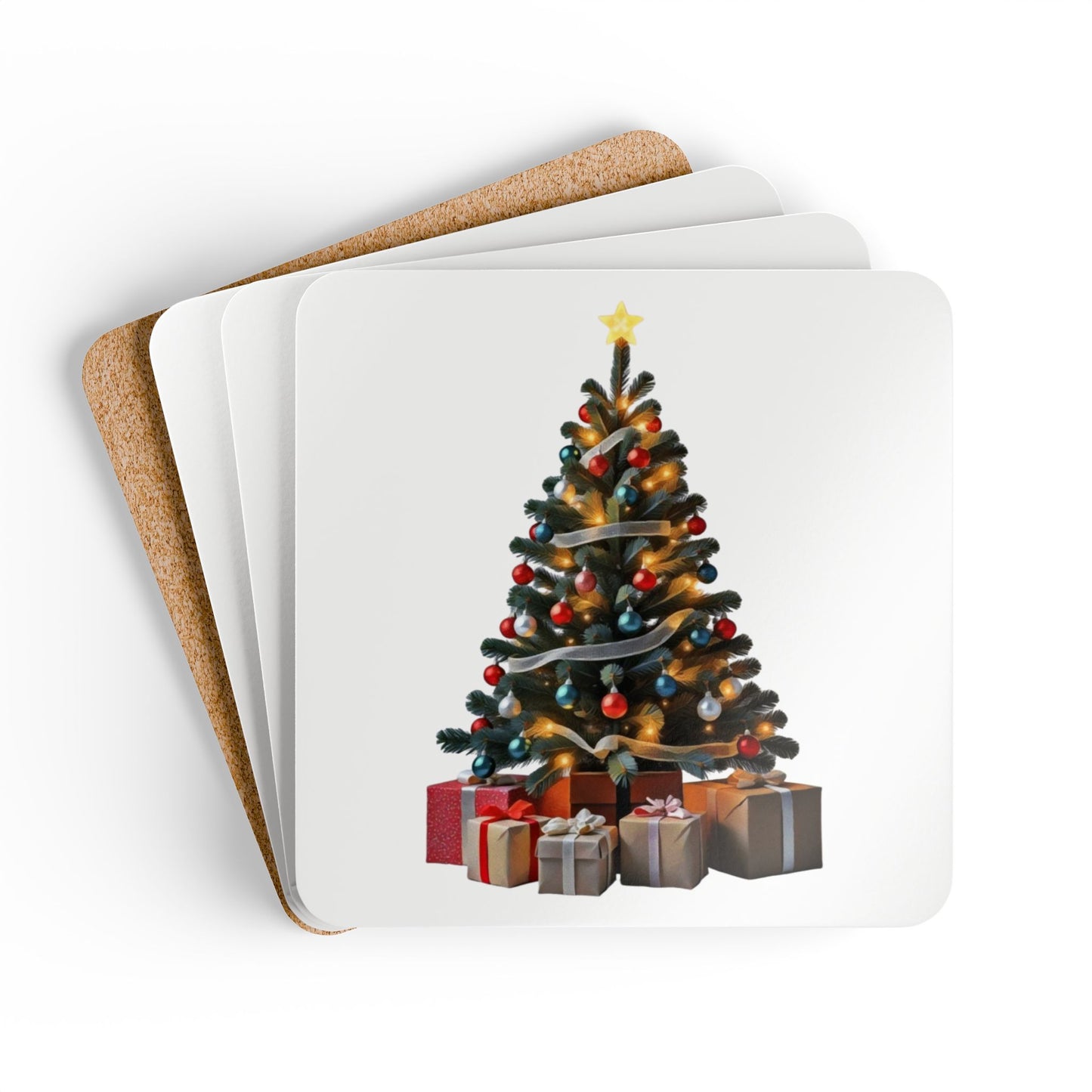 Corkwood Coaster Set - Christmas Tree Art Print, White Background