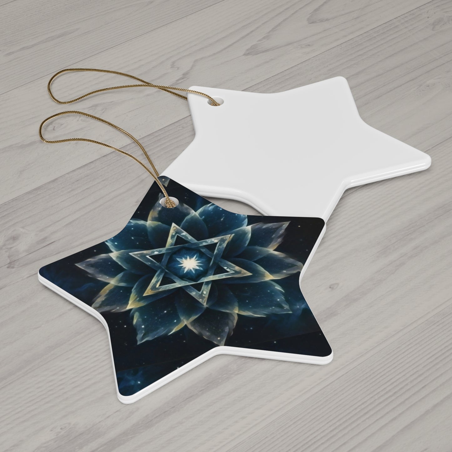 Ceramic Ornament - Jewish Star of David Blue Cosmic Lotus Design, Galactic Background