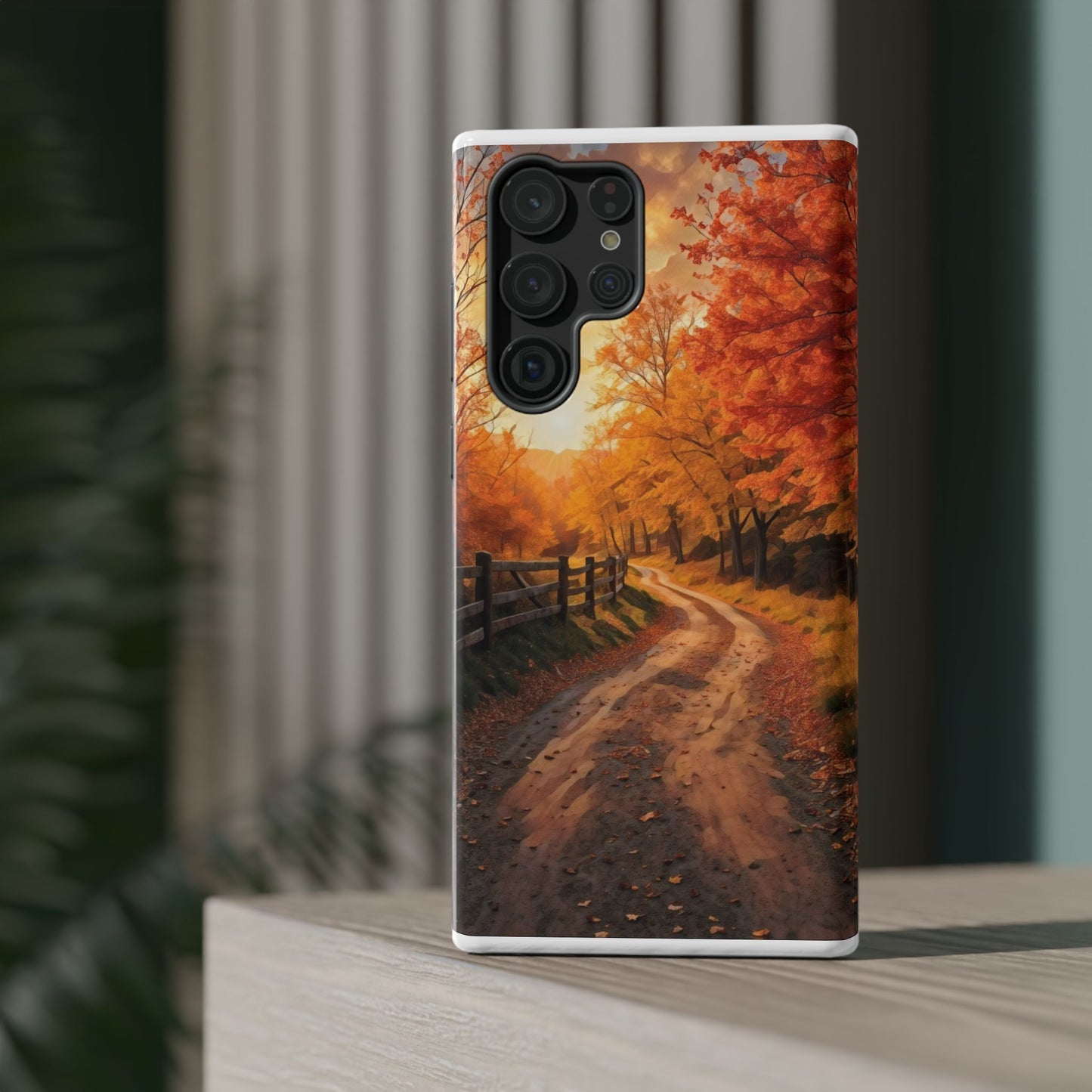 Phone Cases - Autumn Theme Painting of a Dirt Road with Trees and Wood Fence