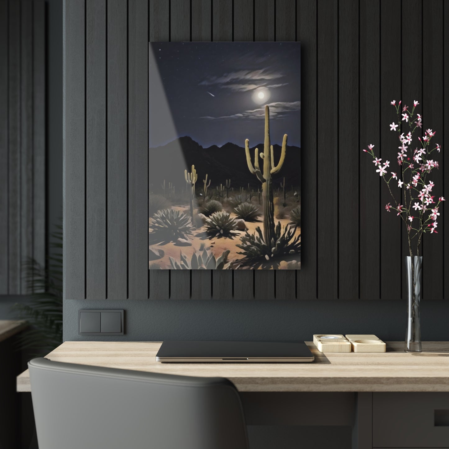 Acrylic Print - Nighttime Desert Landscape, Cactus Art, "Desert Moonrise" by Chaia Malana