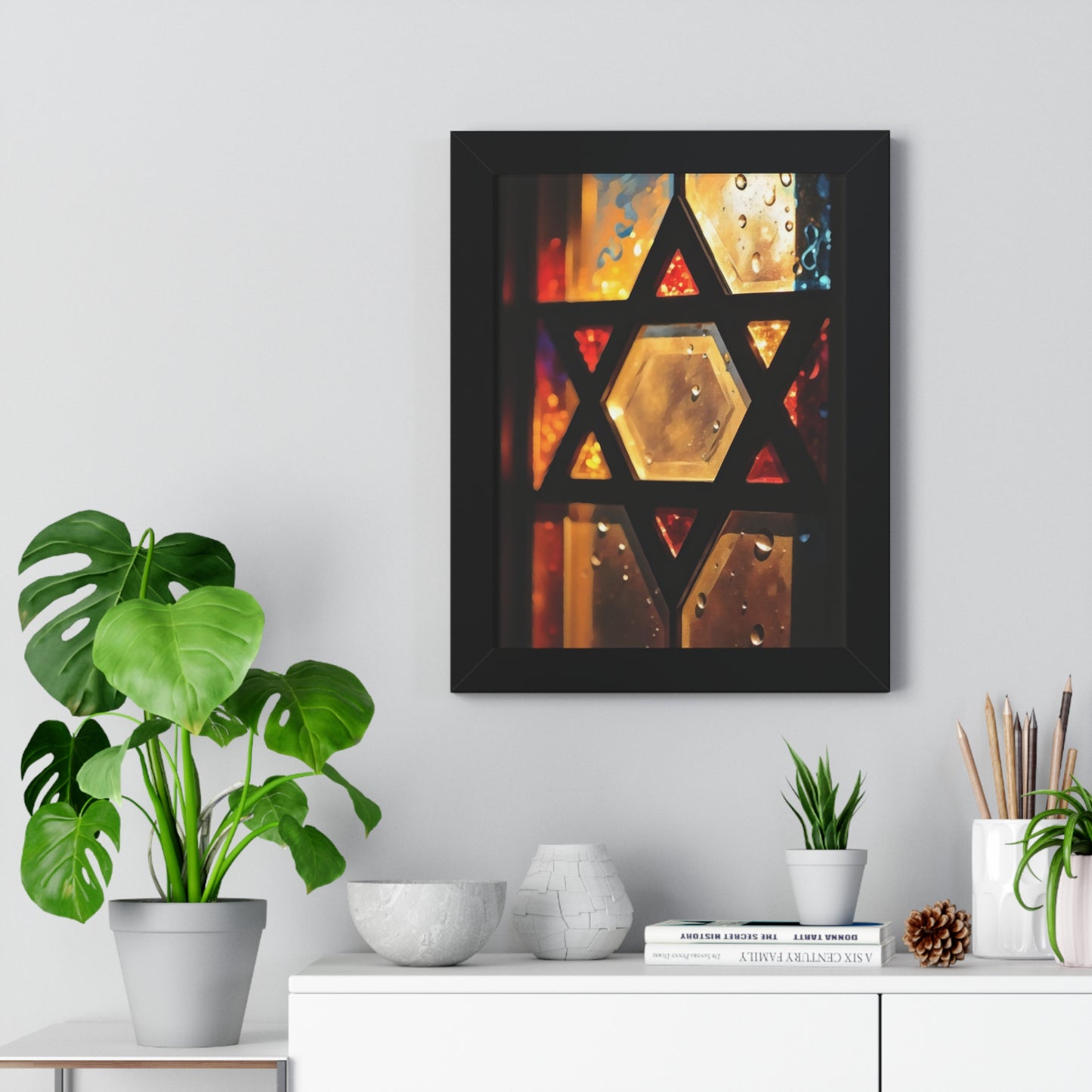 Artistic Framed Poster - Stained Glass Style Judaica Star of David Art Print "Eternal Light Star of Remembrance" Chaia Malana