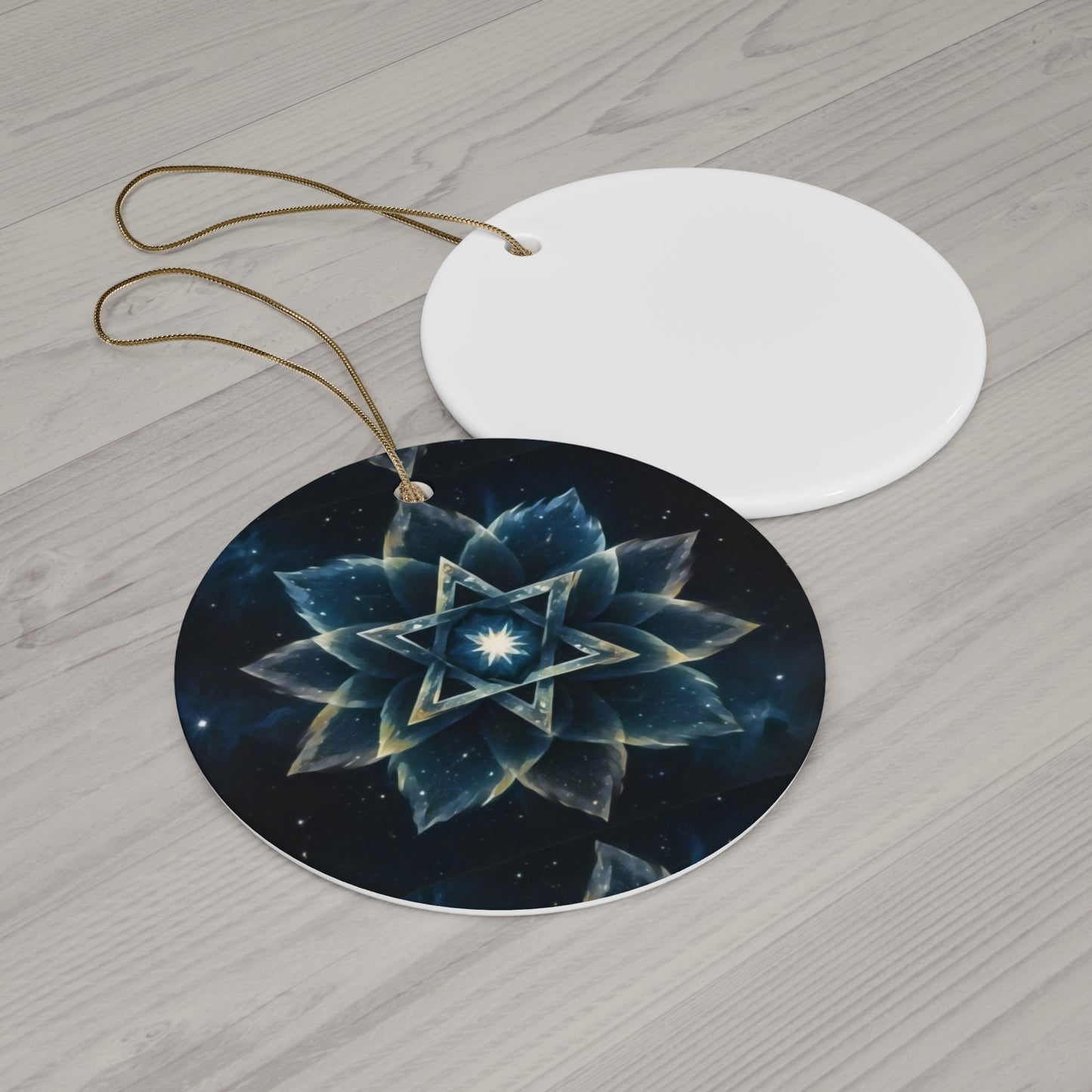 Ceramic Ornament - Jewish Star of David Blue Cosmic Lotus Design, Galactic Background